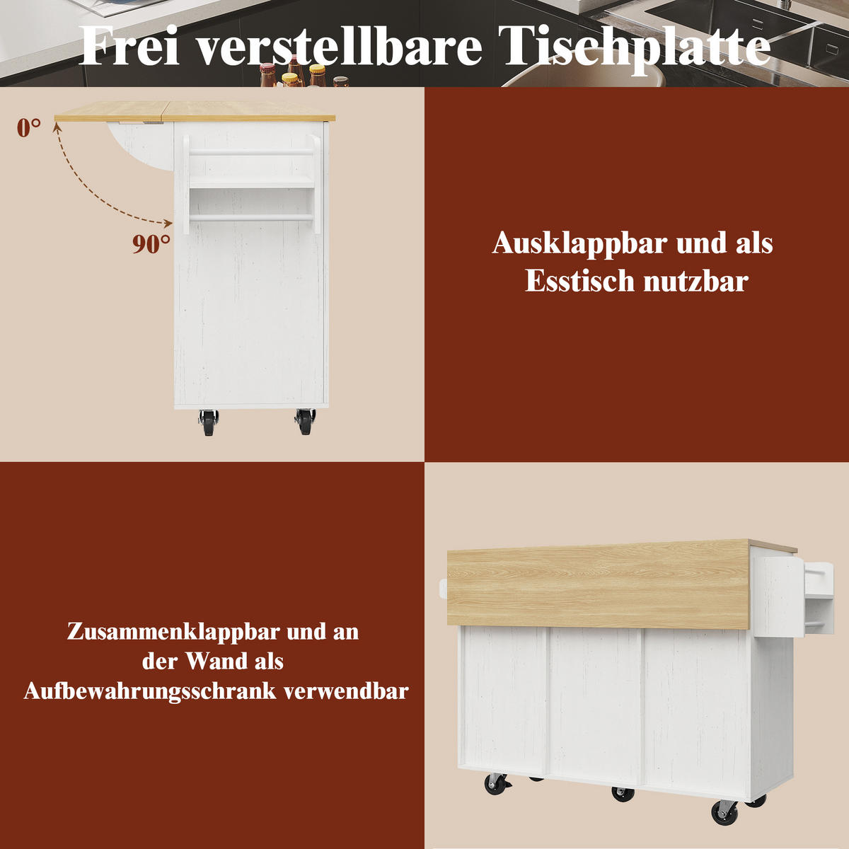 KÜCHENWAGEN 110x74x90.5cm Weiß aus MDF/Metall mit Klappplatte & Schränken - Weiß, Holzwerkstoff (110/90.5/74cm) - Modfu