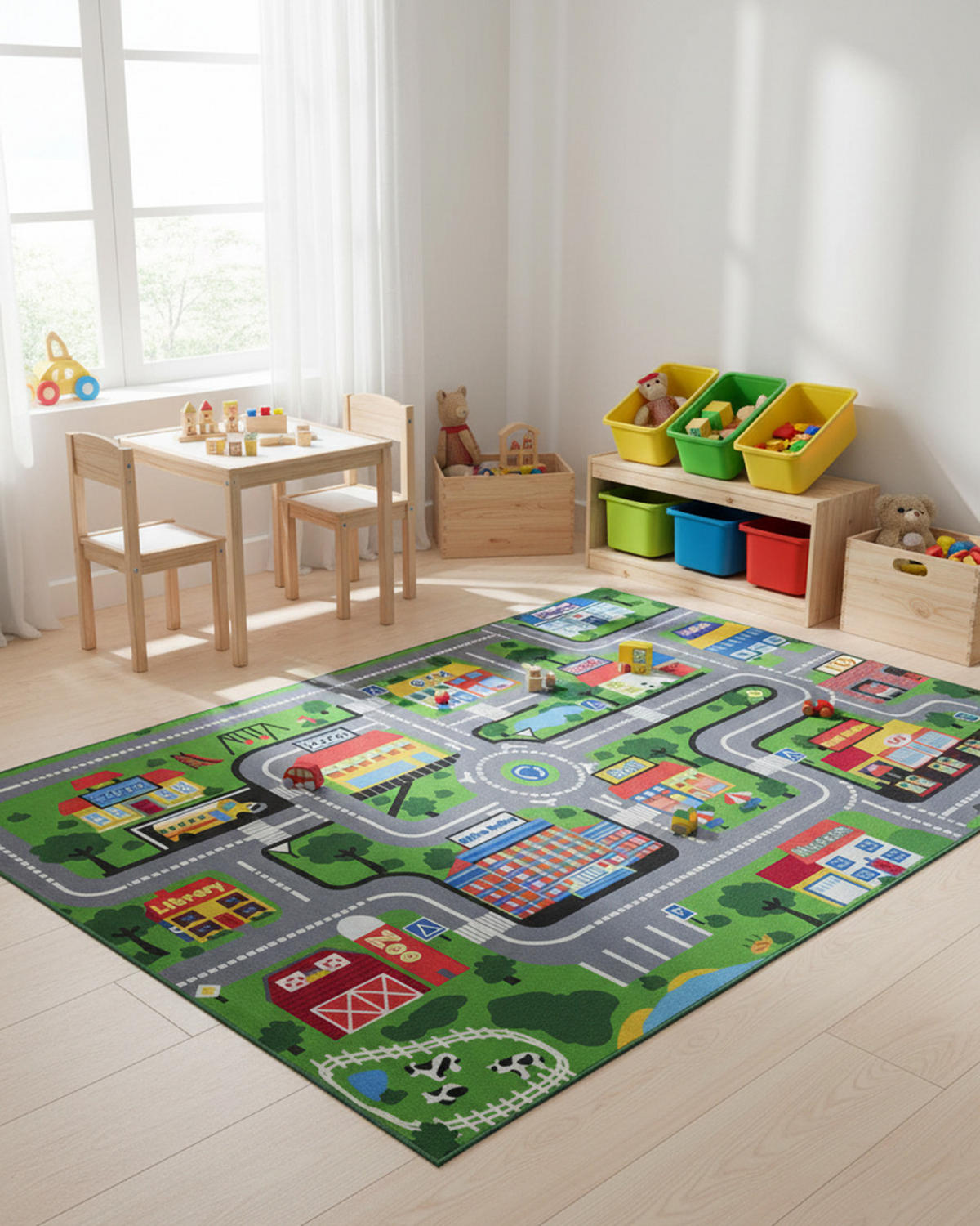 KINDERTEPPICH Bambini Borgo Mazovia 140x200cm Grau Grün Autos Kurzflor - Multicolor, Textil (140/200cm) - Mazovia