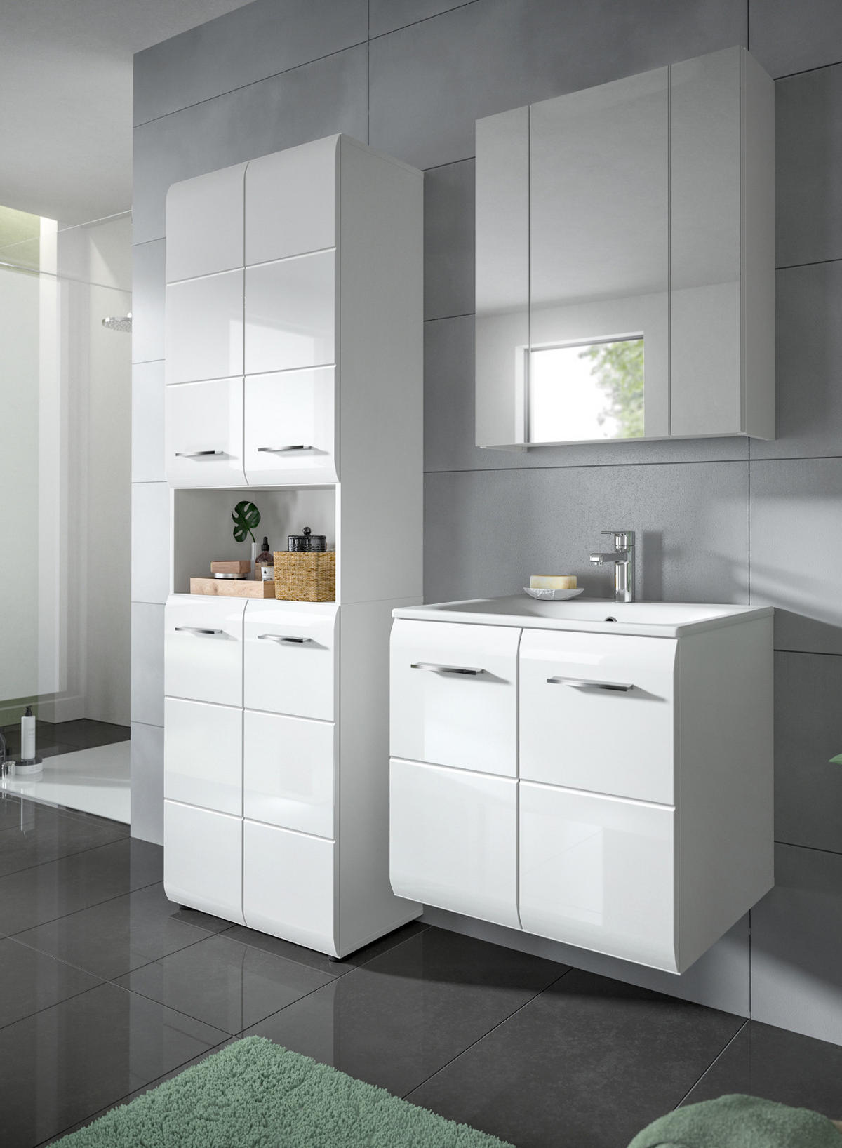 WASCHBECKENUNTERSCHRANK inklusive Waschbecken weiß Hochglanz, Waschtisch hängend 60 cm - Weiß Hochglanz/Silberfarben, Keramik/Holzwerkstoff (60/55/46cm) - Inn.Furn