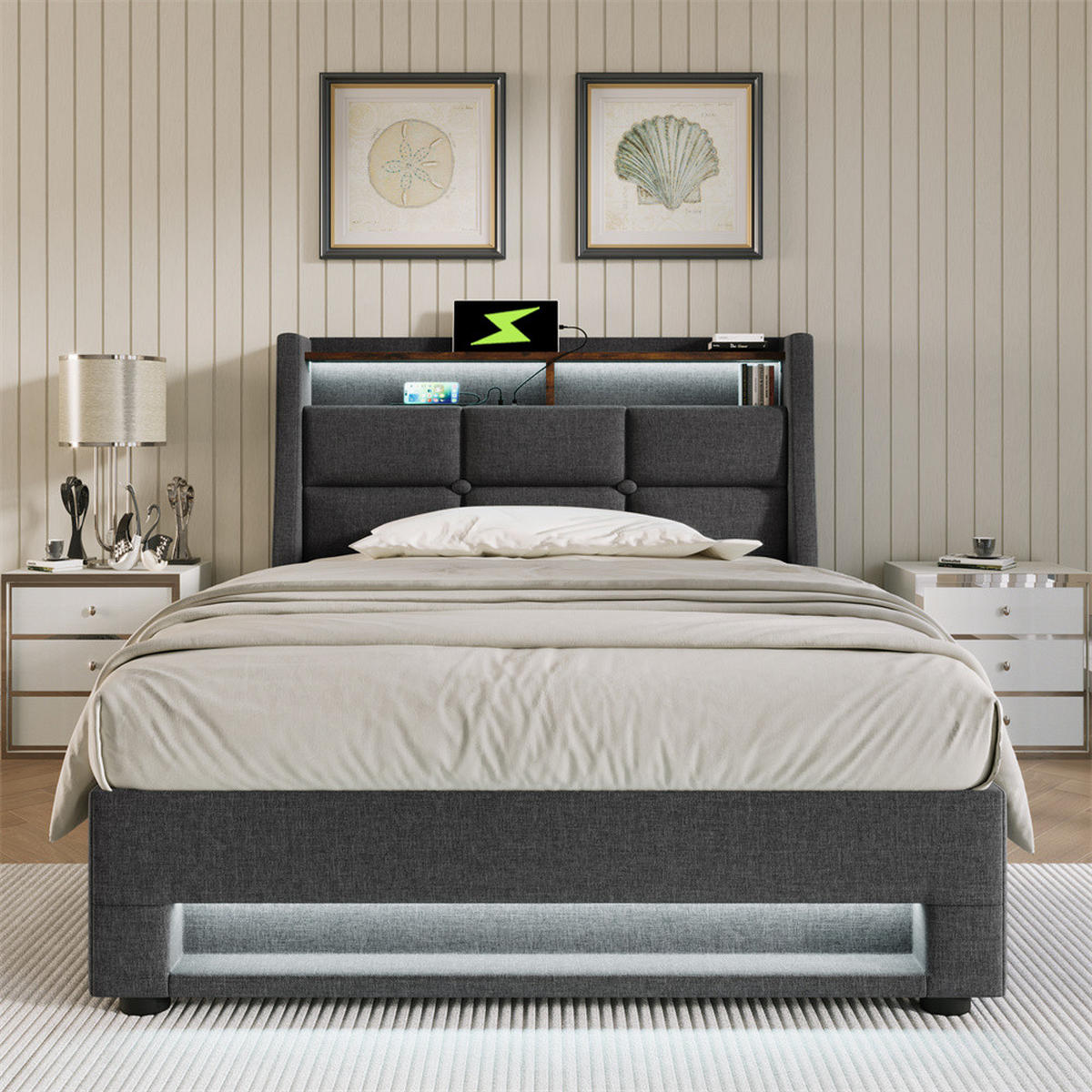 POLSTERBETT 90/200 cm in Grau mit USB - Grau, Holz/Textil (90/200cm) - KOMHTOM