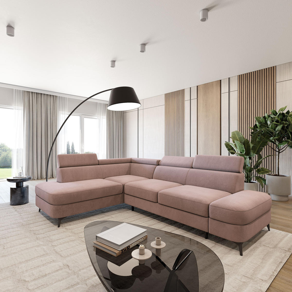 ECKSOFA AVISE MV L-S Rosa Velours-Stoff mit Schlaffunktion - Rosa, Holzwerkstoff/Textil (268/195cm) - MASSENO