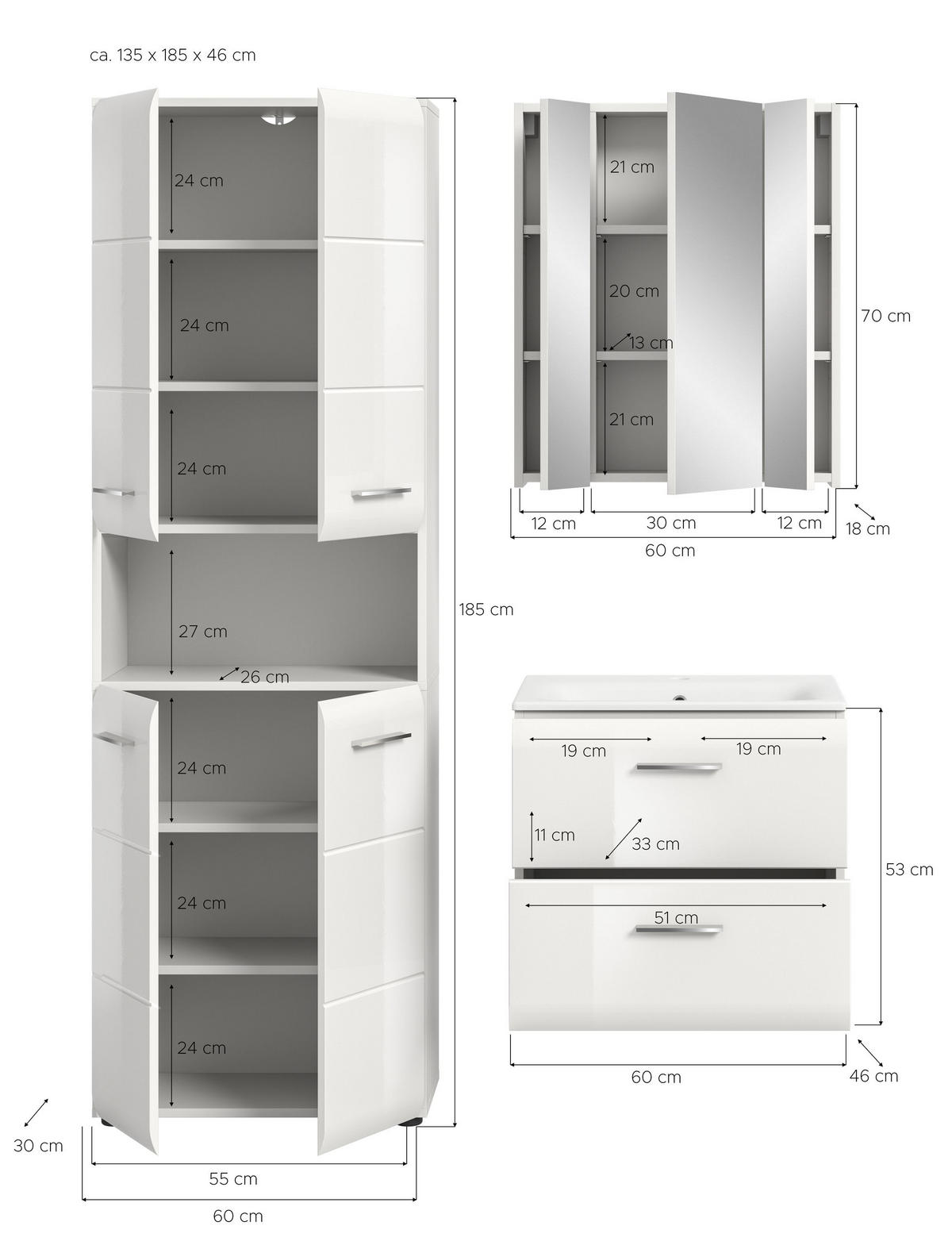 BADKOMBINATION Ice 135x185x46 cm weiß Hochglanz MDF 3tlg. - Weiß, Holz (135/185/46cm)