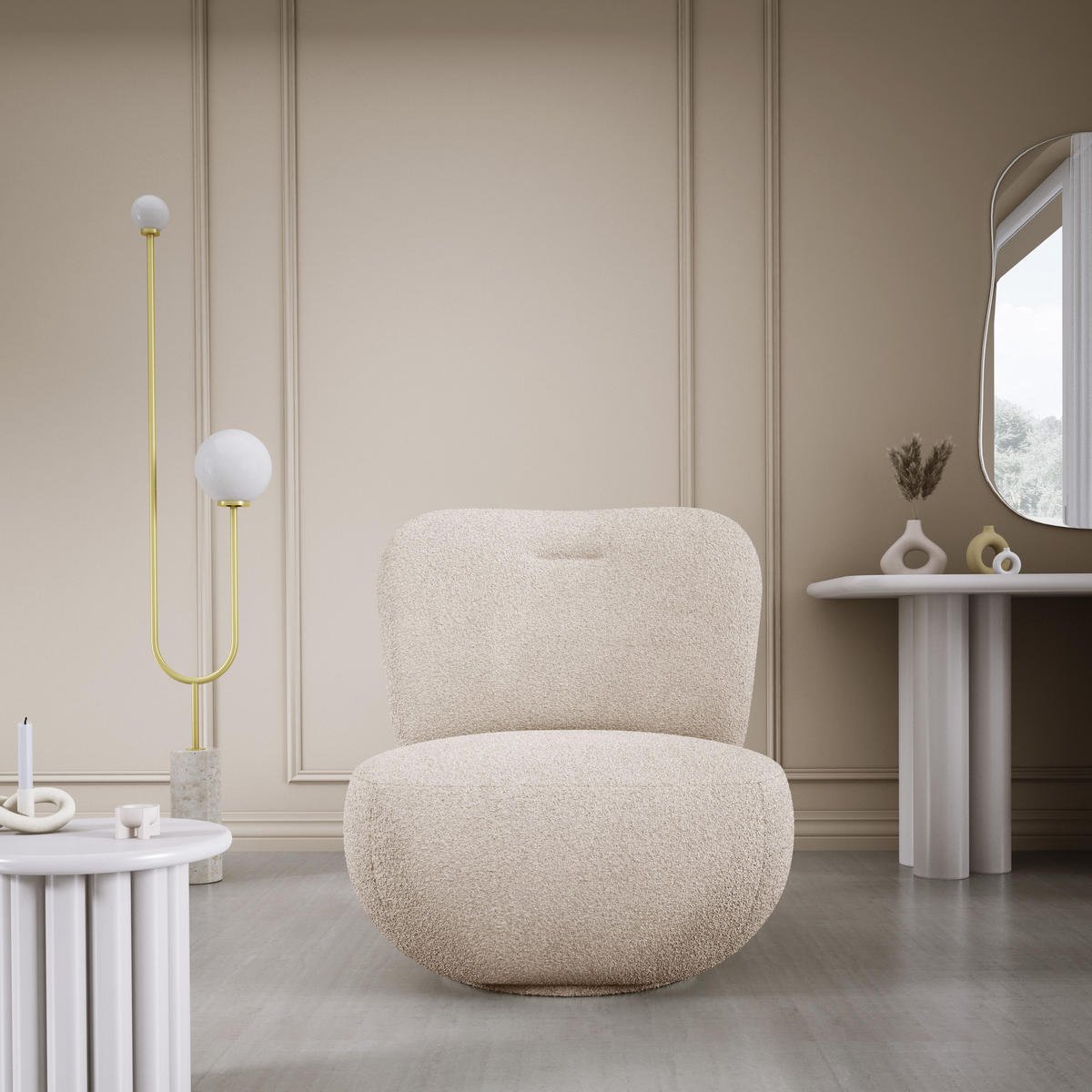 DREHSESSEL LUIS, Freistehend, Sitz drehbar 360°, 39x82x56 cm, PULVERWEISS - Sandfarben, Holz/Textil (82/72/66cm) - DomoHome