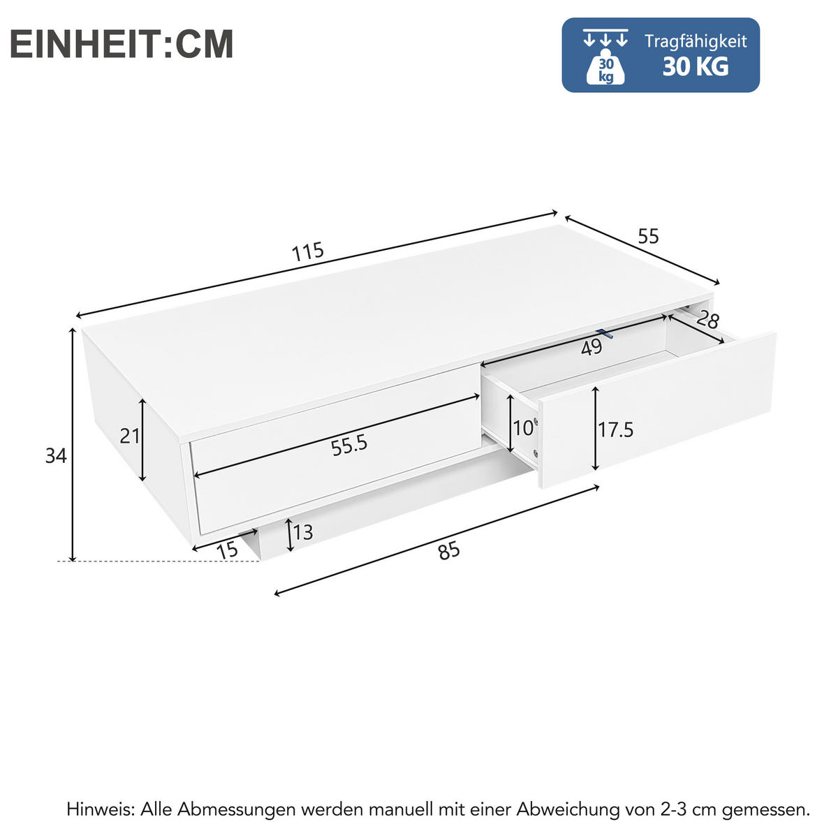 COUCHTISCH DE-101 Modern Weiß - Weiß, Holzwerkstoff (55/115/34cm) - ComfortXL