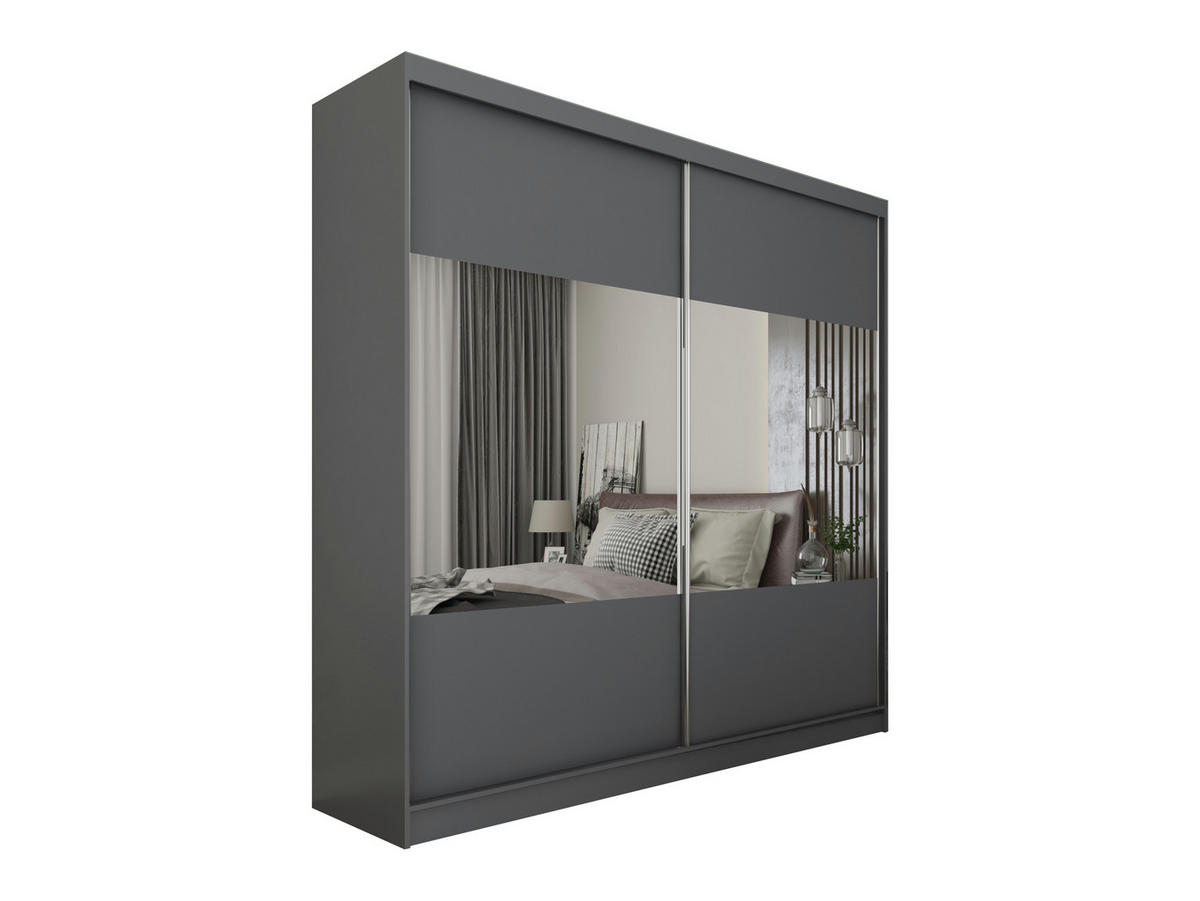 KLEIDERSCHRANK mit Spiegel-Schiebetüren und Aluminium-Leisten, LED-Beleuchtung - CELI - 200 cm Grau - Grau, Holzwerkstoff (200/216/61cm) - ALTDECOR