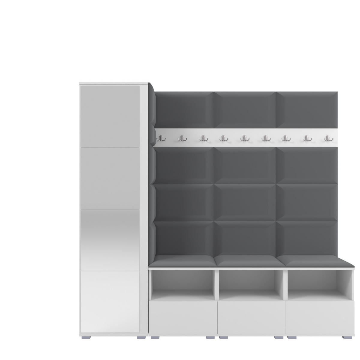 GARDEROBE NELA IX 200 cm (Modulare Flurmöbel Weiß mit Spiegel & Sitzpolster Dunkelgrau 15 Breite Sitzbank) - Dunkelgrau/Silberfarben, Holz/Holzwerkstoff (200/187/40cm) - Ravio