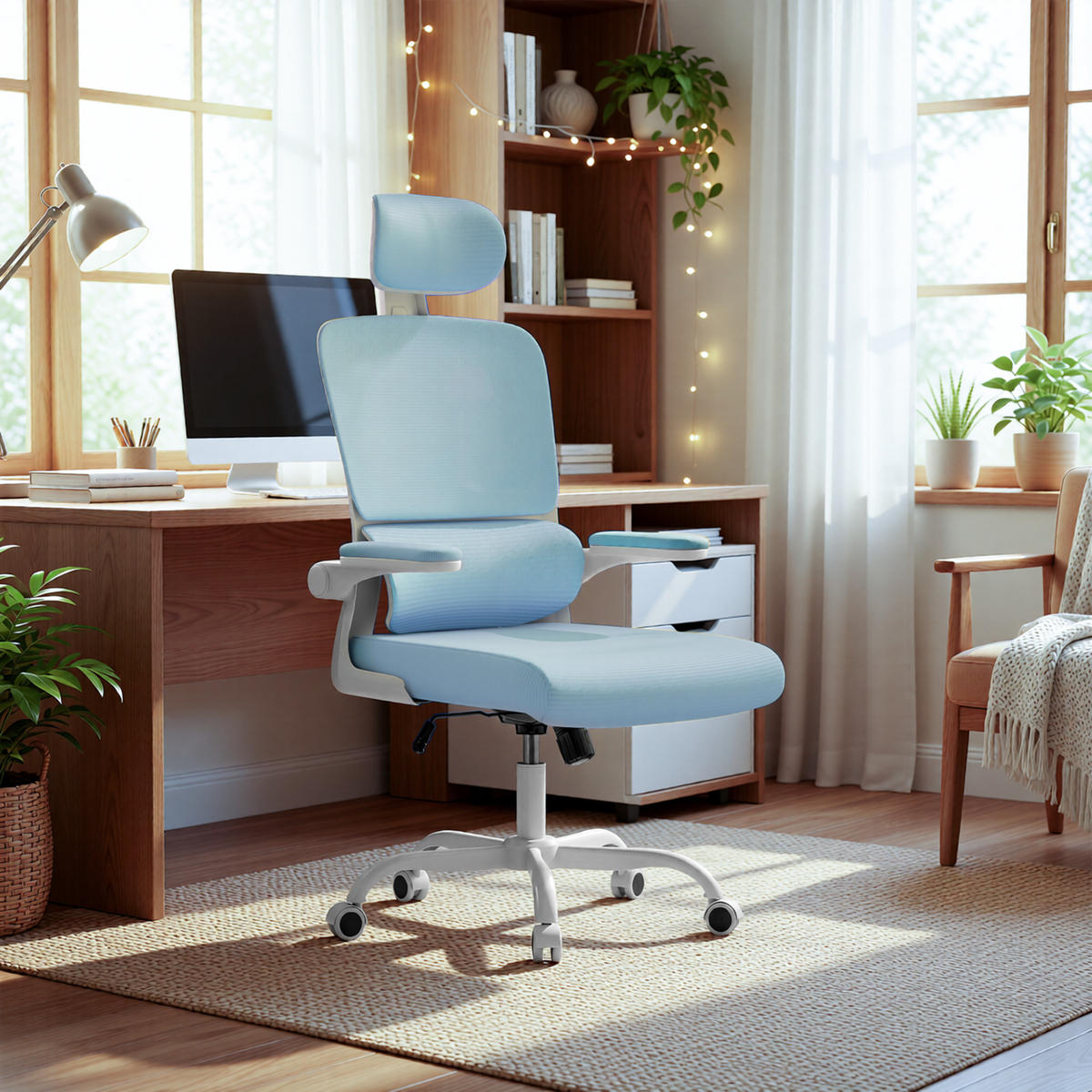 BÜROSTUHL Weiß-Blau ergonomisch mit klappbaren Armlehnen - Blau, Metall (25/52.5/65cm) - Rattrix