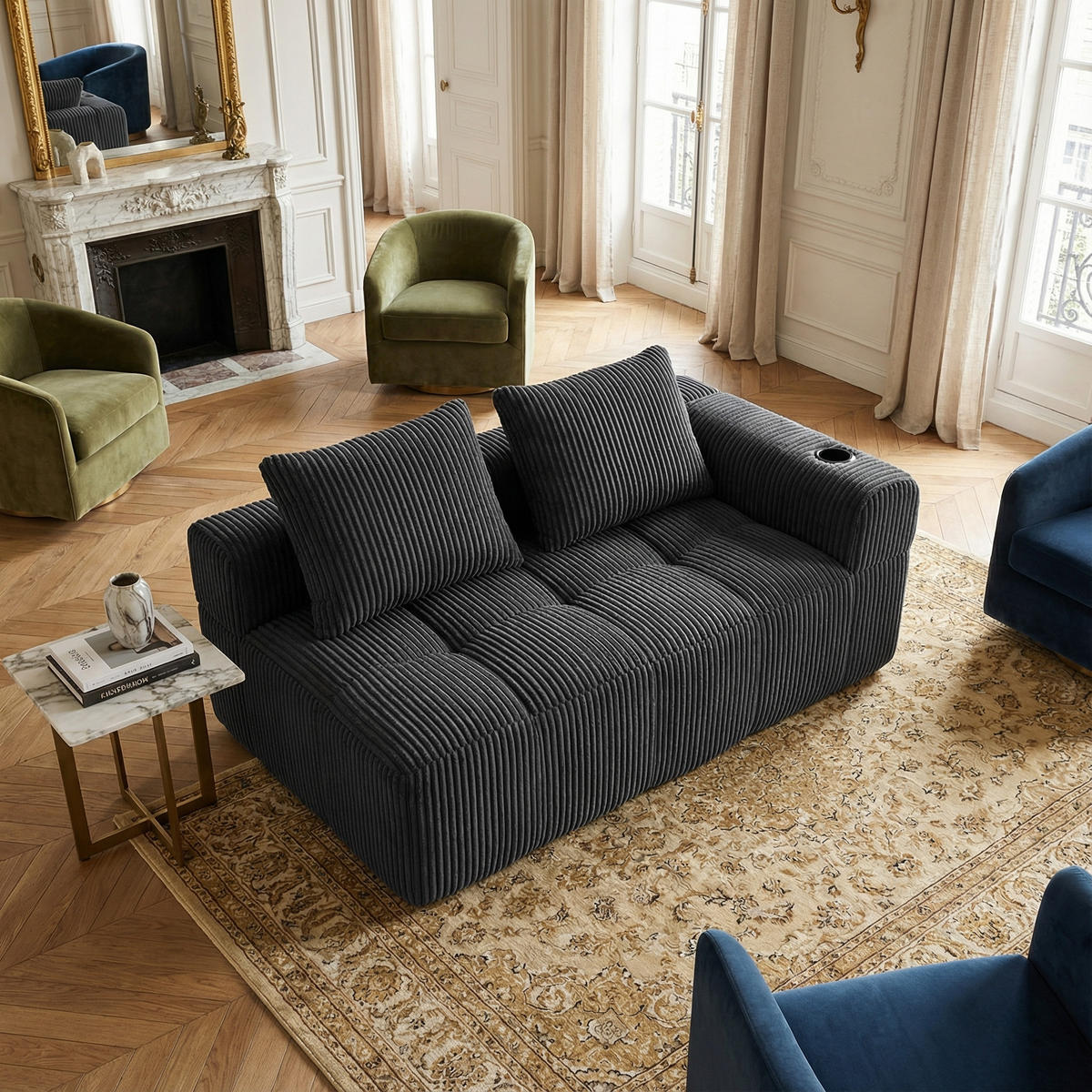 CHAISELONGUE in Cord Übergroßer Relaxsessel mit Seitentaschen - Dunkelgrau, Textil (158/61/93cm) - Urban Meuble