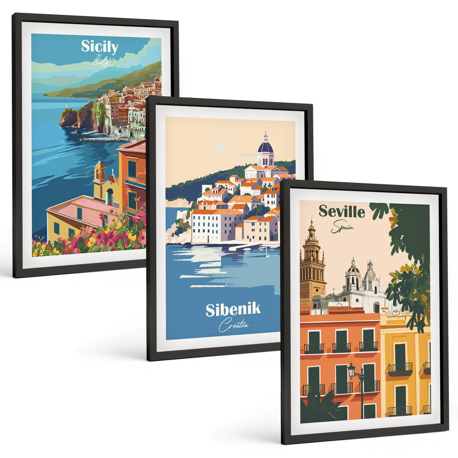 BILDER SET 3er Set - 40x60 cm Schwarzer Rahmen - Stadtlandschaften mit Gebäuden - Schwarz, Kunststoff (40/60cm) - TULUP