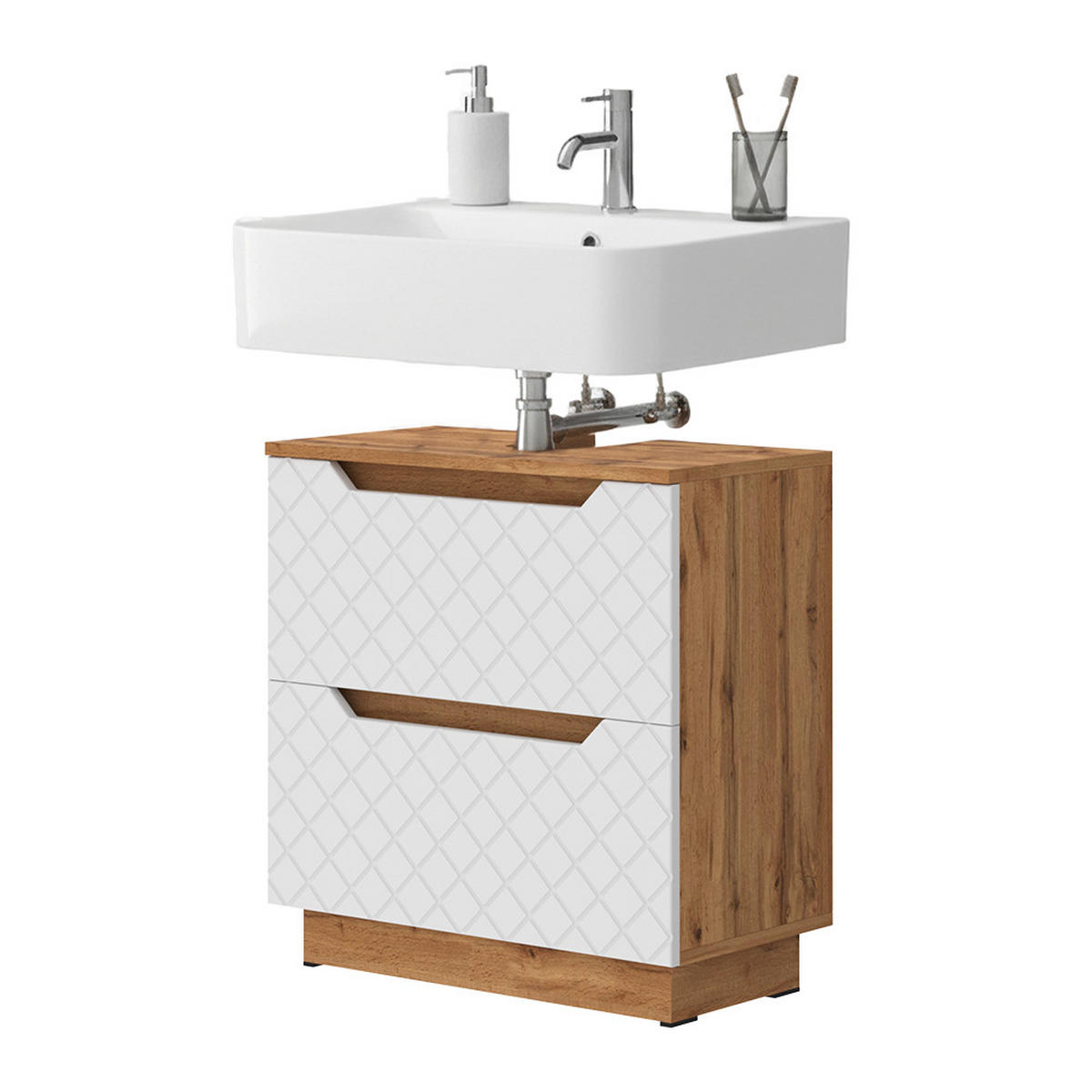 WASCHBECKENUNTERSCHRANK Lotta Eiche/Weiß mit Kachelstruktur 59.8 x 62.5 cm mit 2 Schubladen - Eichefarben/Weiß, Holzwerkstoff (59.8/62.5/32cm) - Vicco