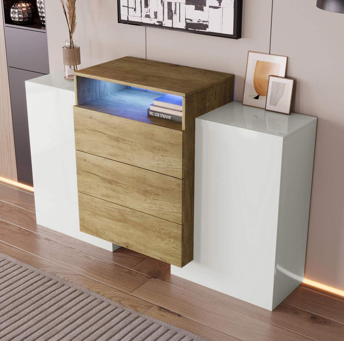SIDEBOARD 140/30/77,5 cm aus MDF mit LED-Beleuchtung Weiß/Holzfarben - Naturfarben, Holzwerkstoff (140/77/30cm) - Modenvie