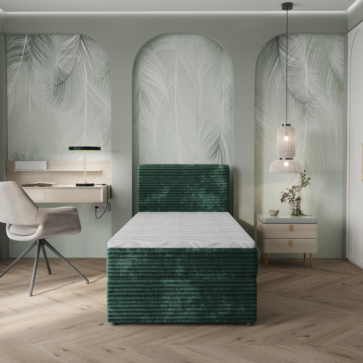 BOXBETT PISA 90 90x200 cm mit Matratze und Topper, H2+H3 - Grün - Grün, Holz (90/200cm) - MASSENO