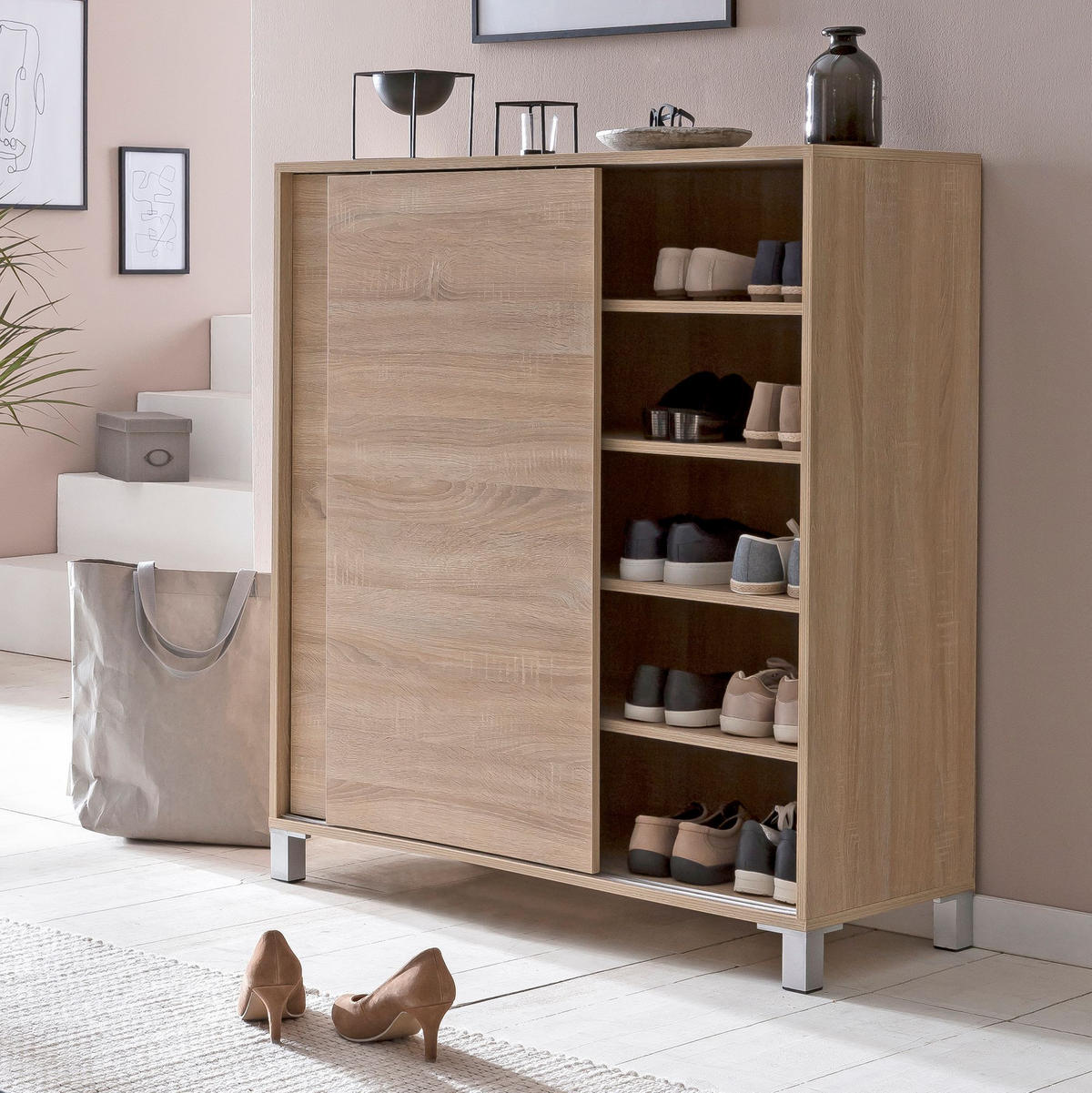 SCHUHSCHRANK Holz für 20 Paar Schuhe mit Schiebetüren, Beige 100x38x108 cm - Beige/Silberfarben, Holz/Kunststoff (100/108/38cm) - KADIMA DESIGN