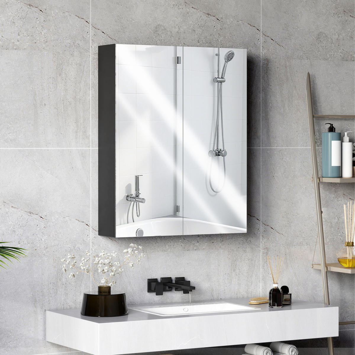 BADEZIMMER-WANDSCHRANK mit 2 Türen, Spiegel und 2 Einlegeböden, 60 x 15 x 75 cm ,Schwarz - Schwarz, Glas (60/75/15cm) - Vallsero