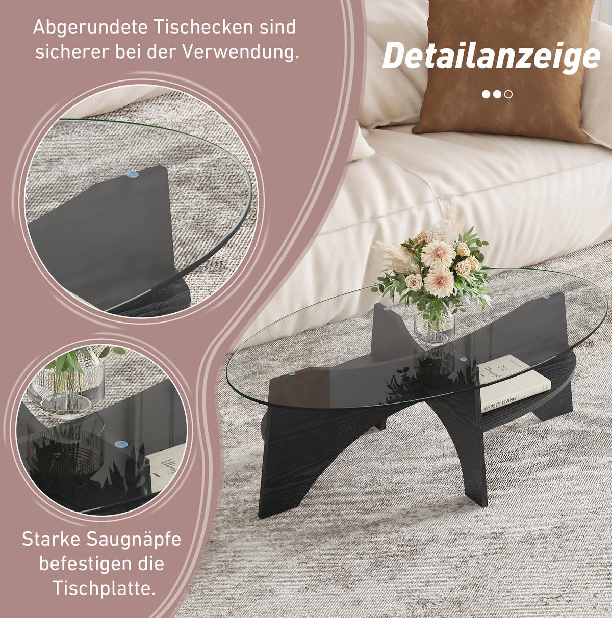COUCHTISCH / Beistelltisch 104,9/60/35,6 cm oval mit Glasplatte in Schwarz - Schwarz, Holzwerkstoff (104.9/60/35.6cm) - BEAOK
