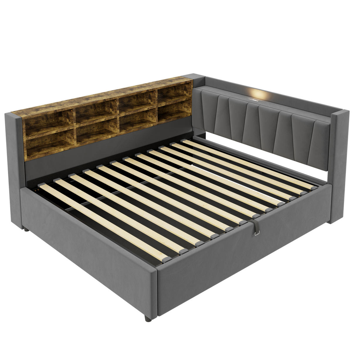 POLSTERBETT 140/200 cm aus Samtstoff mit Stauraum USB und Typ-C Dunkelgrau - Grau, Textil (140/200cm) - Modenvie