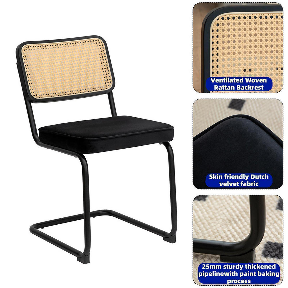 ESSZIMMERSTUHL 2er-Set, Samt-Rattan mit Chrombeinen, Schwarz - Schwarz, Textil/Metall (46.4/84.6/53cm) - KOMHTOM