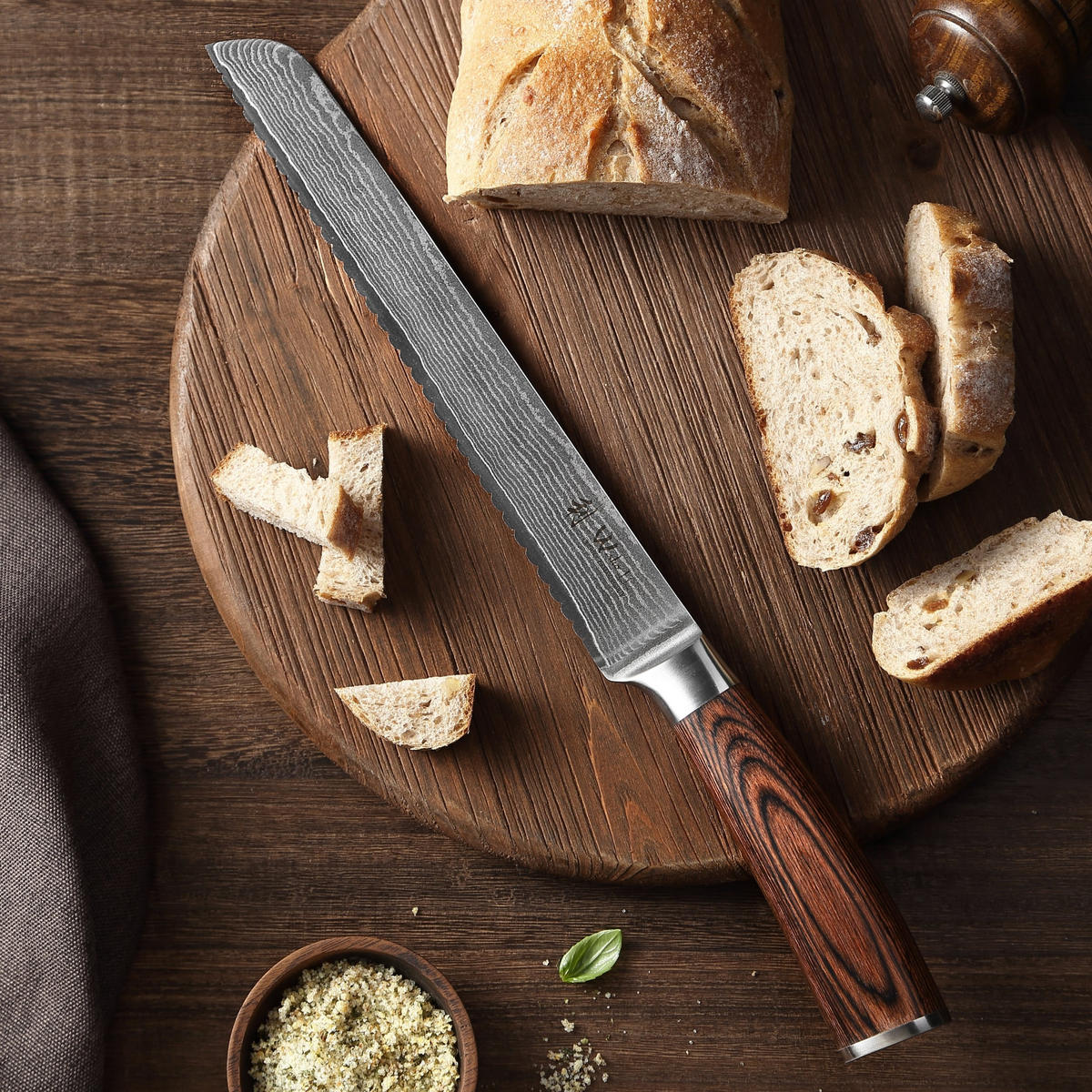 BROTMESSER lang Damast I EDIB - Braun, Holz/Metall (30cm) - Wakoli