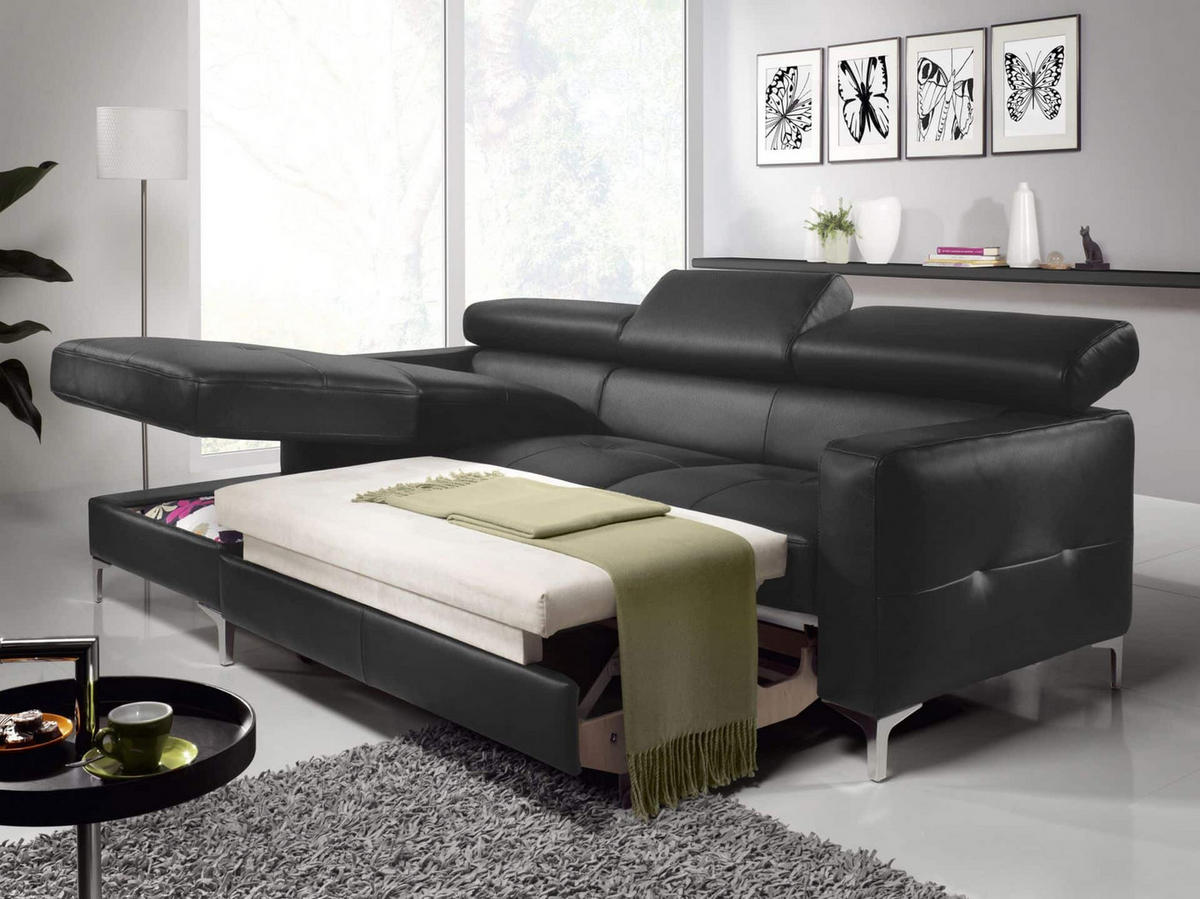 ECKSCHLAFSOFA mit Echtlederbezug, Schlaffunktion & Bettkasten - Chromfarben/Silberfarben, Leder/Holz (227/168cm) - Cotta