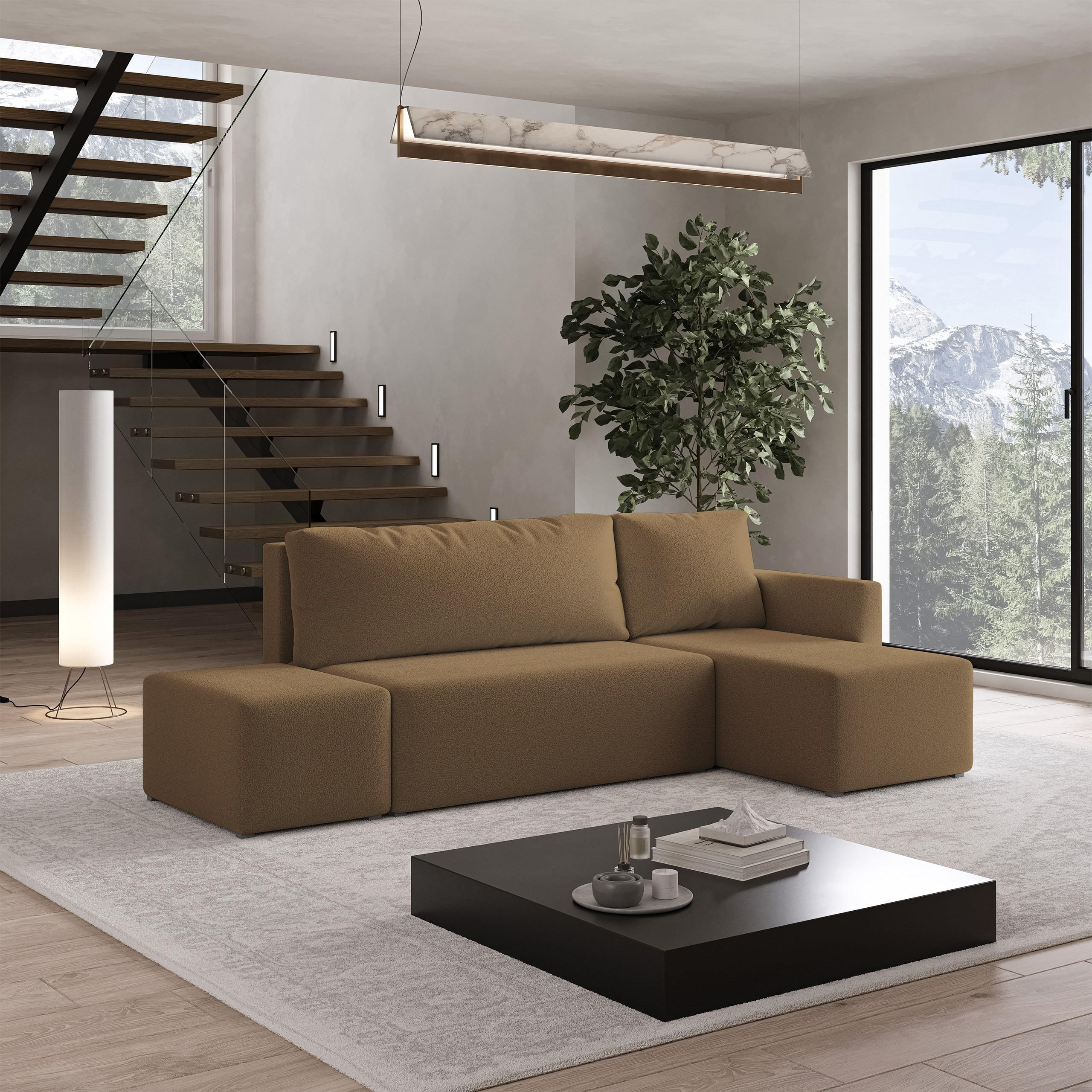 ECKSOFA VELOTTI R-S Orange Boucle-Stoff mit Schlaffunktion - Orange, Holz (261/143cm) - MASSENO