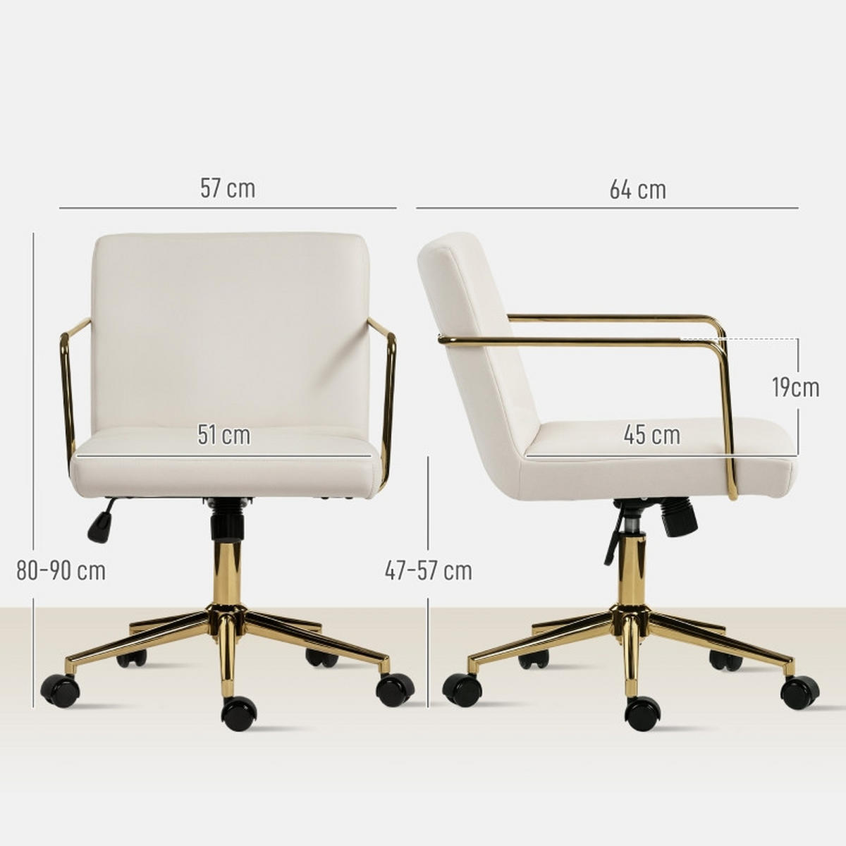 DREHSTUHL 57/64/80-90 cm, cremeweißes Polyesterpolster, höhenverstellbar und kippbar,creme - Creme, Kunststoff (57/90/64cm) - Redom