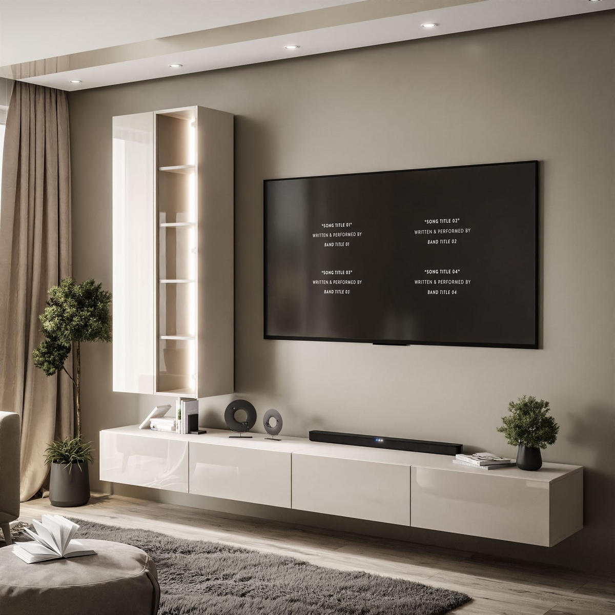 WOHNWAND CARMEN, hängend mit LED-Beleuchtung. - Kaschmir, Holzwerkstoff (250/27/40cm) - Lookway