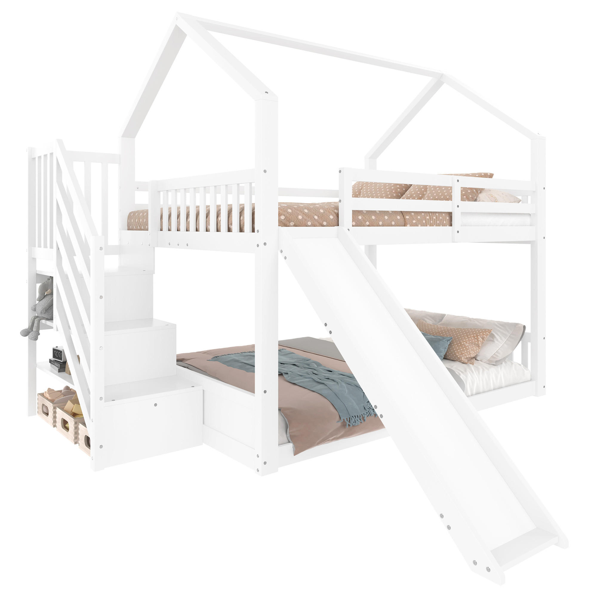 ETAGENBETT mit Stauraumtreppe und Rutsche 140x200 cm Kiefernholz Weiß - Weiß, Holzwerkstoff (140/200cm) - Beauniv