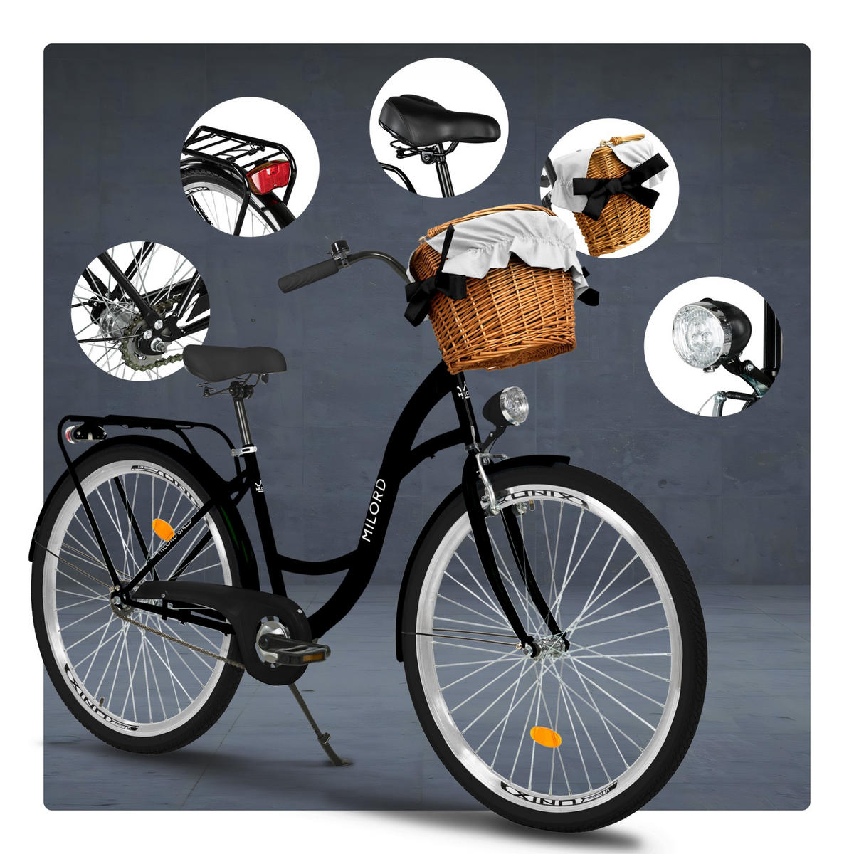 CITY-FAHRRAD Milord mit Weidenkorb, 28 Zoll, Schwarz, 1-Gang - Schwarz, Metall (46cm) - Milordbikes