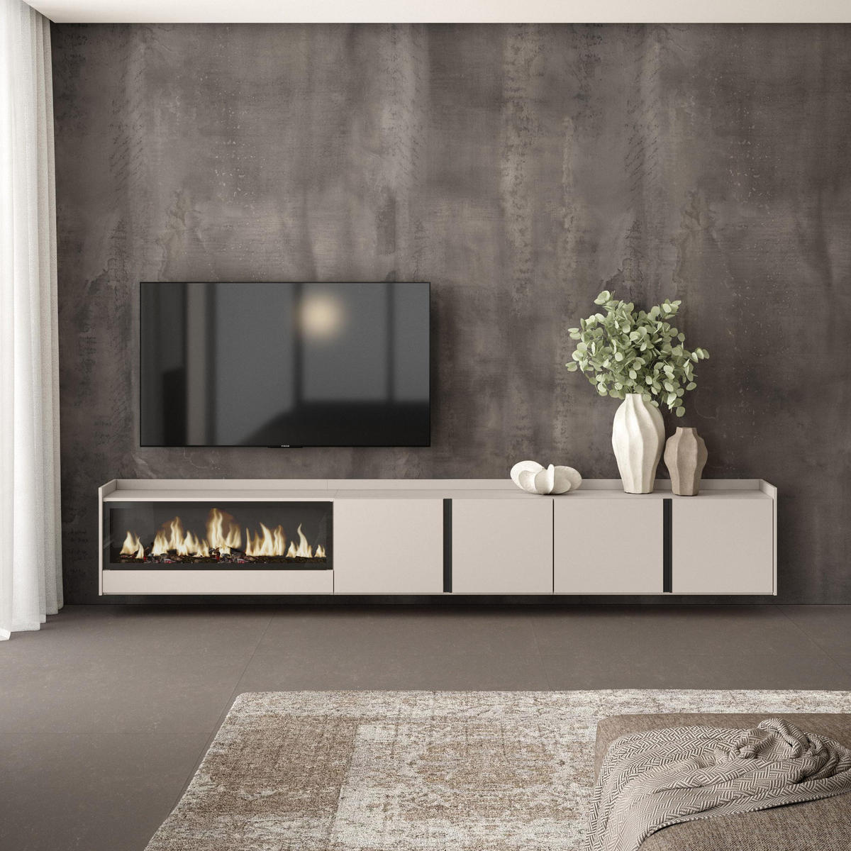 LOWBOARD, Beige, 315/35/50cm, Kamin mit Feuereffekt XXL - Beige, Holzwerkstoff (315/50/35cm) - Skraut Home