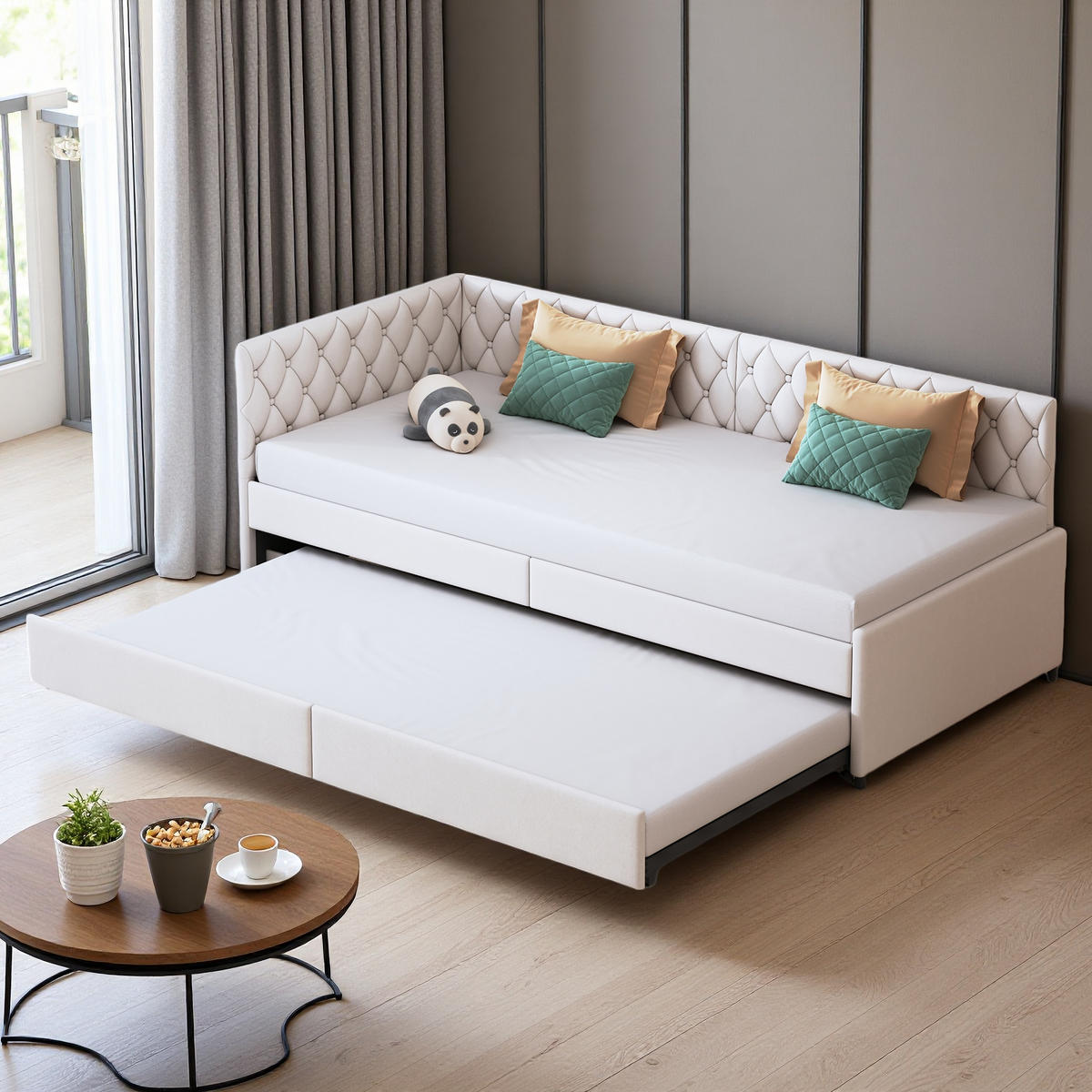 SCHLAFSOFA 90x200cm beige samt wandelbar komfortabel - Beige, Holzwerkstoff (180/200cm) - SHOPENTRA