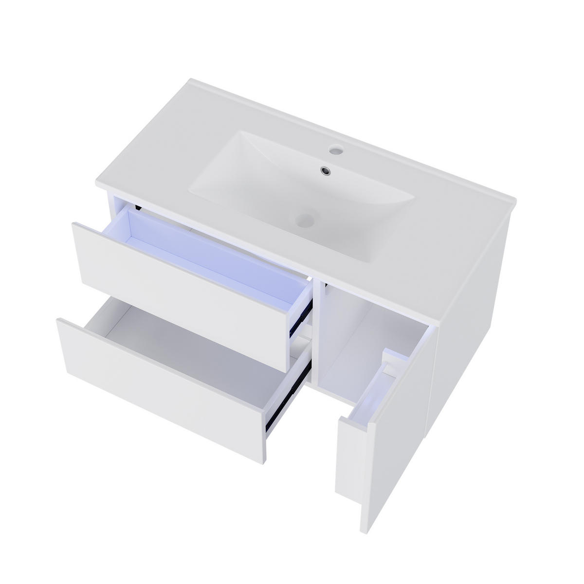 WASCHTISCHUNTERSCHRANK 91x46.5x50.5 cm Weiß aus Keramik & Spanplatte mit Radarsensor-LED & 2 Schubladen - Weiß, Holzwerkstoff (91/50.5/46.5cm) - Modfu