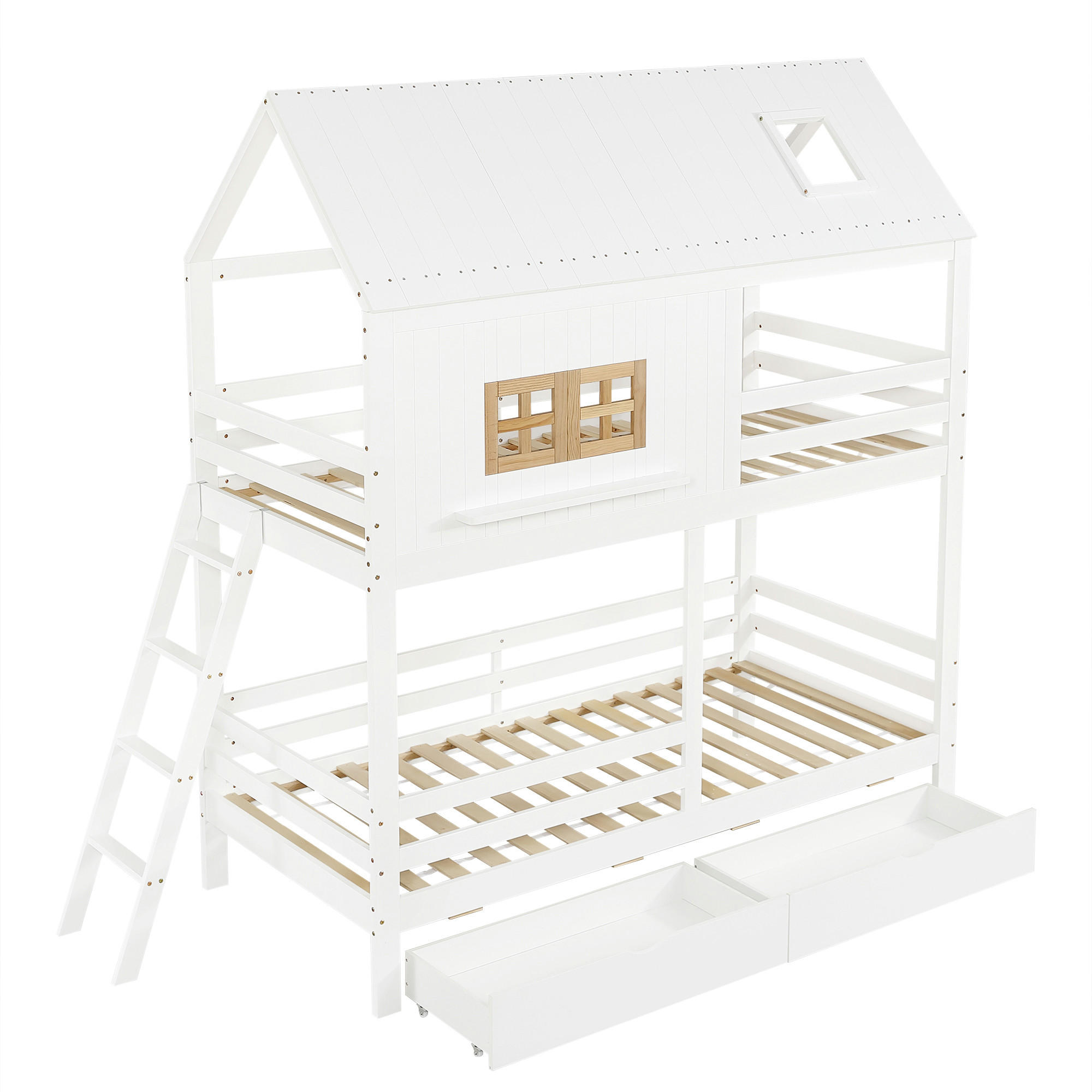 ETAGENBETT 90/200 cm Weiß mit 2 Schubladen, Fenster und Dach - Weiß, Holz (90/200cm) - Oxeza