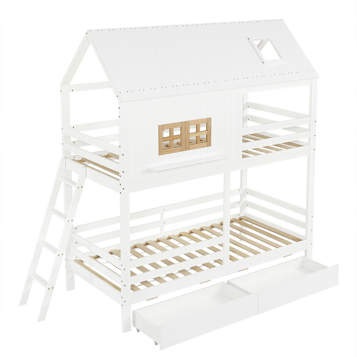 ETAGENBETT 90/200 cm weiß und natur aus Kiefer mit Fenster und Dach - Weiß, Holz (90/200cm) - OKWISH