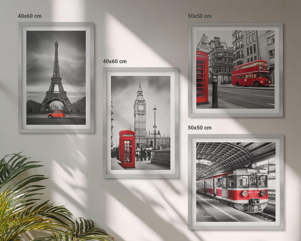 BILDER SET 4er Set - 50x50 cm & 40x60 cm Silberner Rahmen - Rote Busse in der Stadt - Silberfarben, Kunststoff (50/50cm) - TULUP