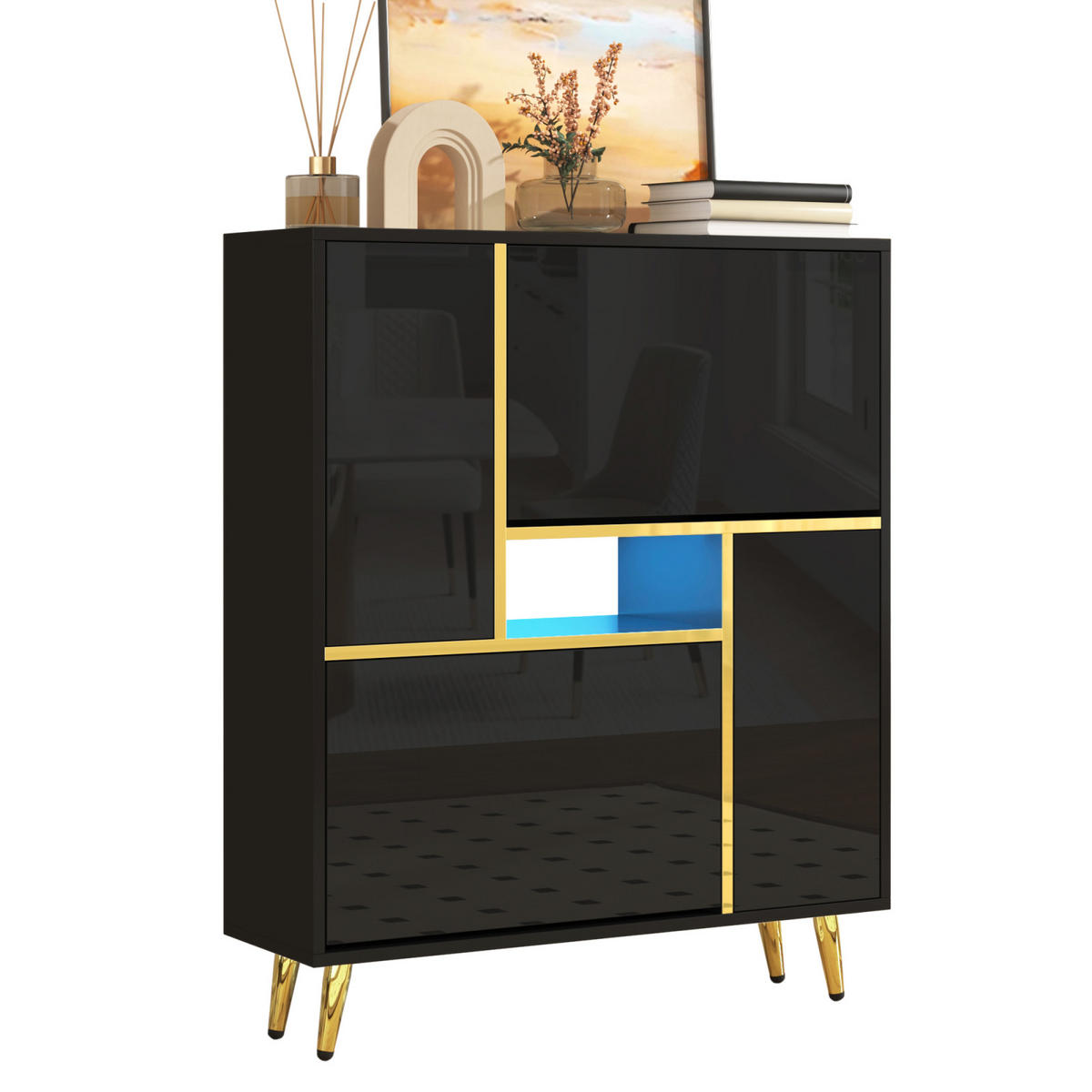 LED Schuhkommode Schwarz Hochglanz mit 2 Türen, Schuhregal 80x25x96 cm - Schwarz, Holz (80/96/25cm) - PARAFTA HOME