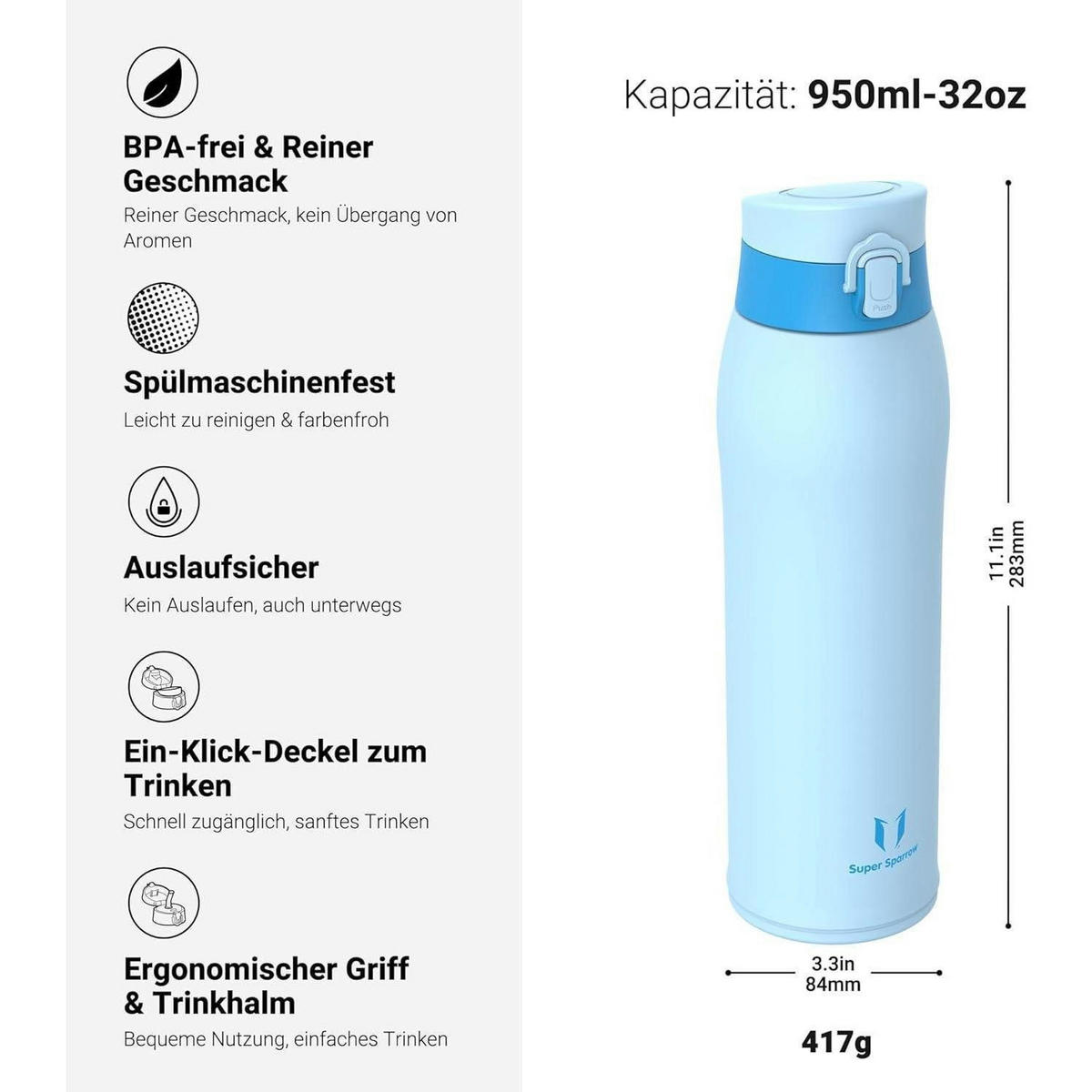 TRINKFLASCHE Edelstahl 950 ml Hellblau - Hellblau, Metall (8.4/8.4cm)