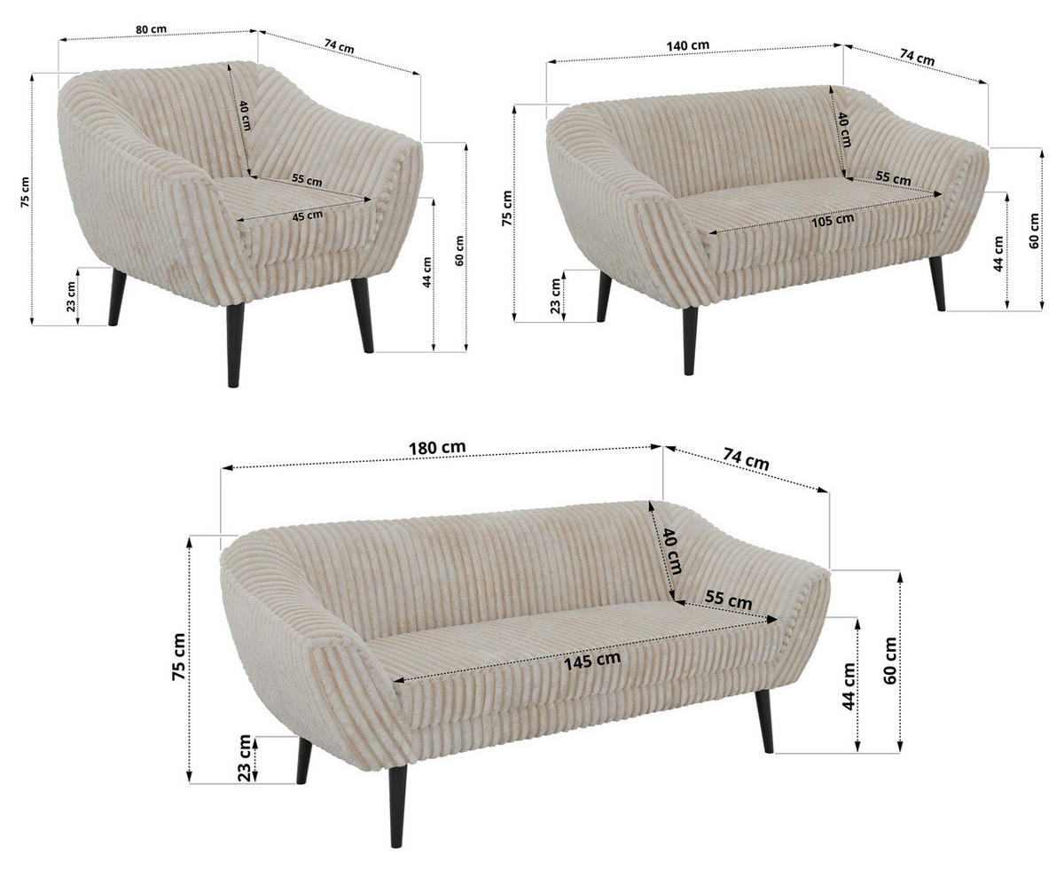 SEDACIA ZOSTAVA 3+2+1 PIRS - Béžová Manšester - Čierne nohy - čierna/krémová, kompozitné drevo/textil (180/75/74cm) - MKS