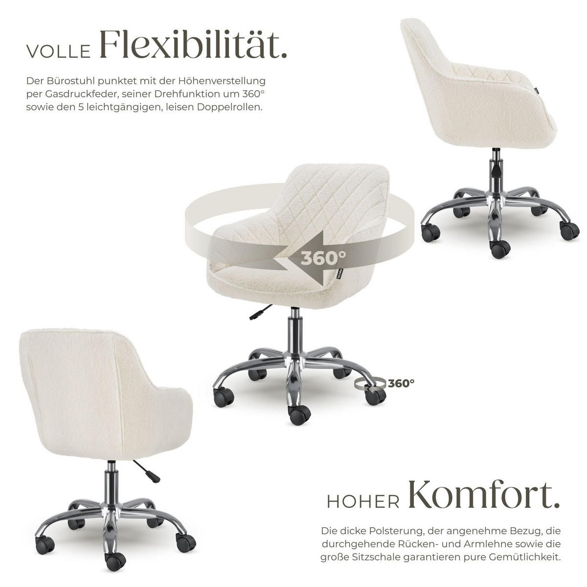DREHSTUHL Nancy, 57 x 60 x 82 – 91 cm, Belastbarkeit 150 kg, weiß - Weiß, Kunststoff (57/91/60cm) - tectake