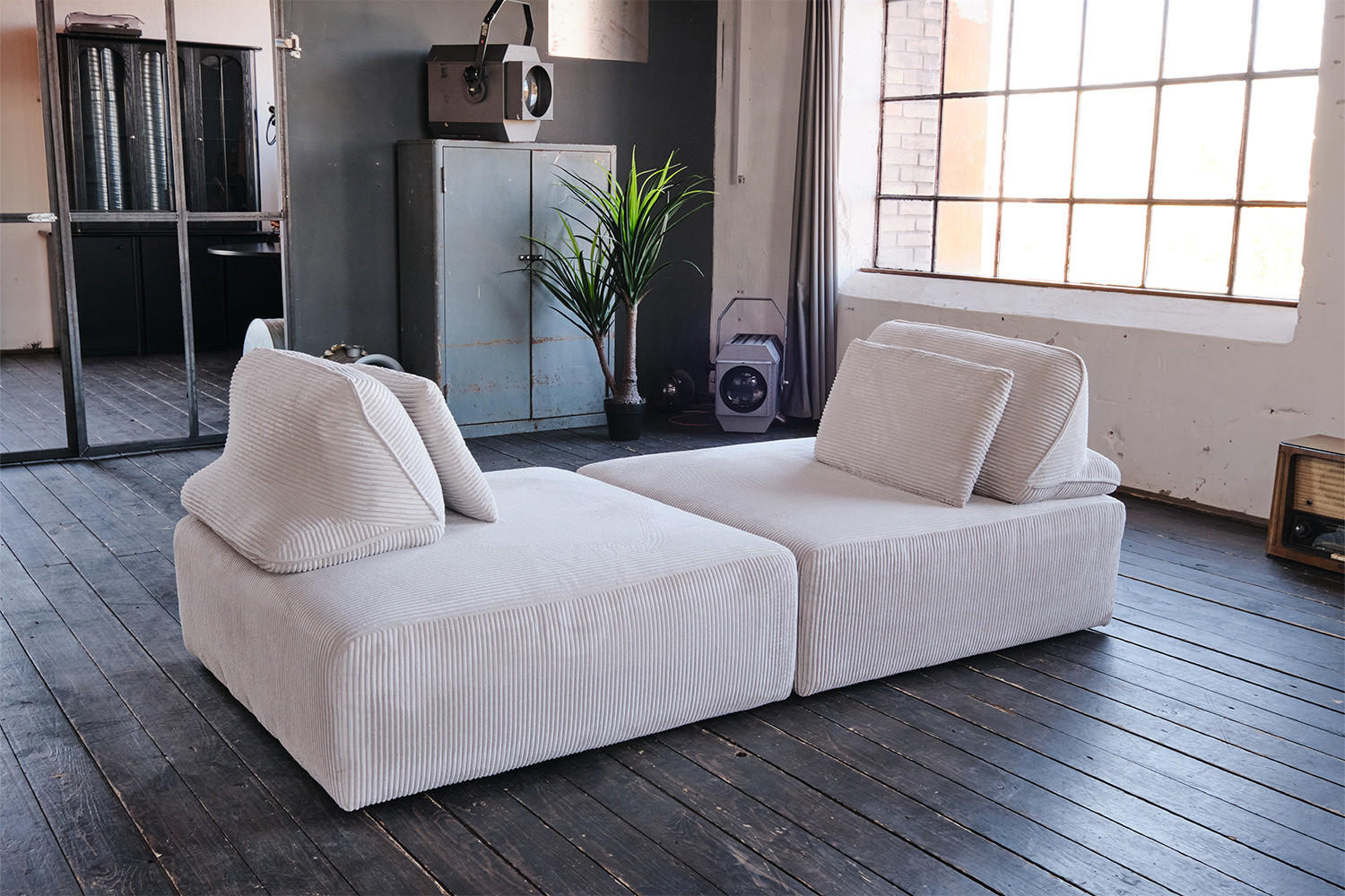 MODULSOFA WIOLO SOFT 2 MODULE 2 KISSEN Hellgrau Cord - Hellgrau/Schwarz, Kunststoff/Textil (222/84/111cm) - KAWOLA