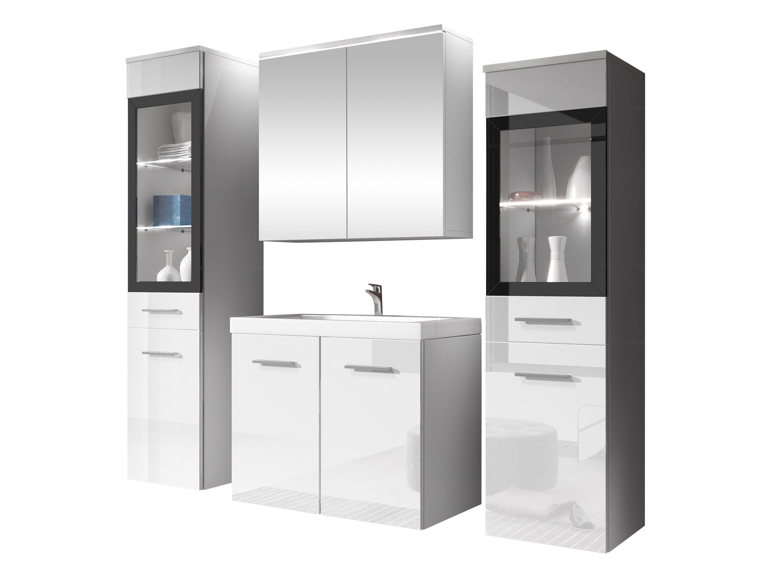 BADMÖBEL-SET Madrit II mit weißer LED Beleuchtung - Silberfarben/Weiß, Holzwerkstoff/Kunststoff (132/132/30cm) - MIRJAN24