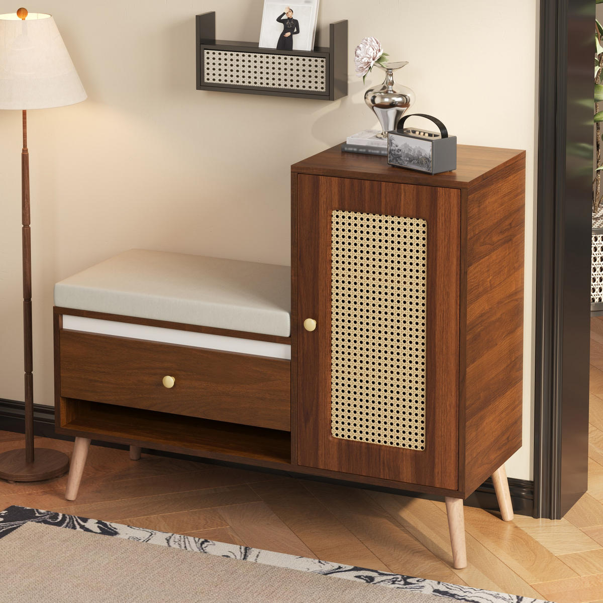 SCHUHSCHRANK Rattan Bank Schubladen Sitz - Nussbaumfarben, Holz (95.5/80.5/35cm) - LEBENLANG