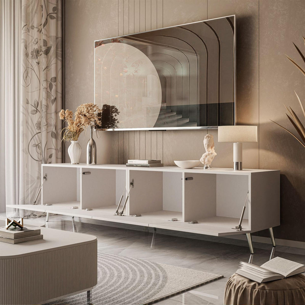 TV-LOWBOARD COLGANTE 200 cm Kaschmir auf Chrom Beinen - Kaschmir/Chromfarben, Holzwerkstoff/Metall (200/49/40cm) - Lookway