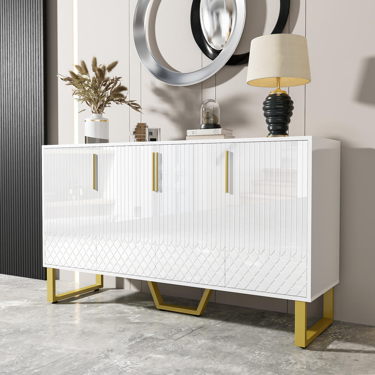 SIDEBOARD in Weiß Anrichte mit 4-Türen-Design und Metallgriffen für Wohnzimmer und Schlafzimmer, B140/T40/H80 cm - Goldfarben/Weiß, Holzwerkstoff/Metall (140/80/40cm) - STILVORA