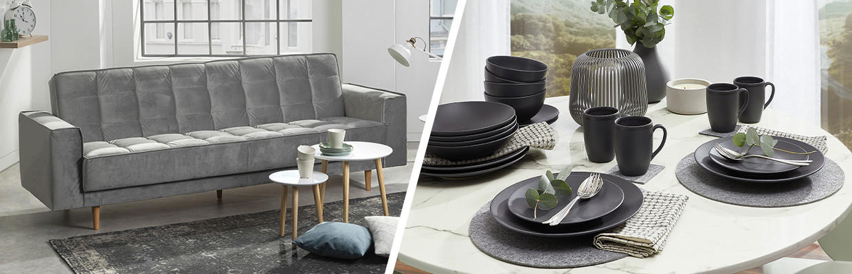 Sofa in grau und Kombiservice in schwarz