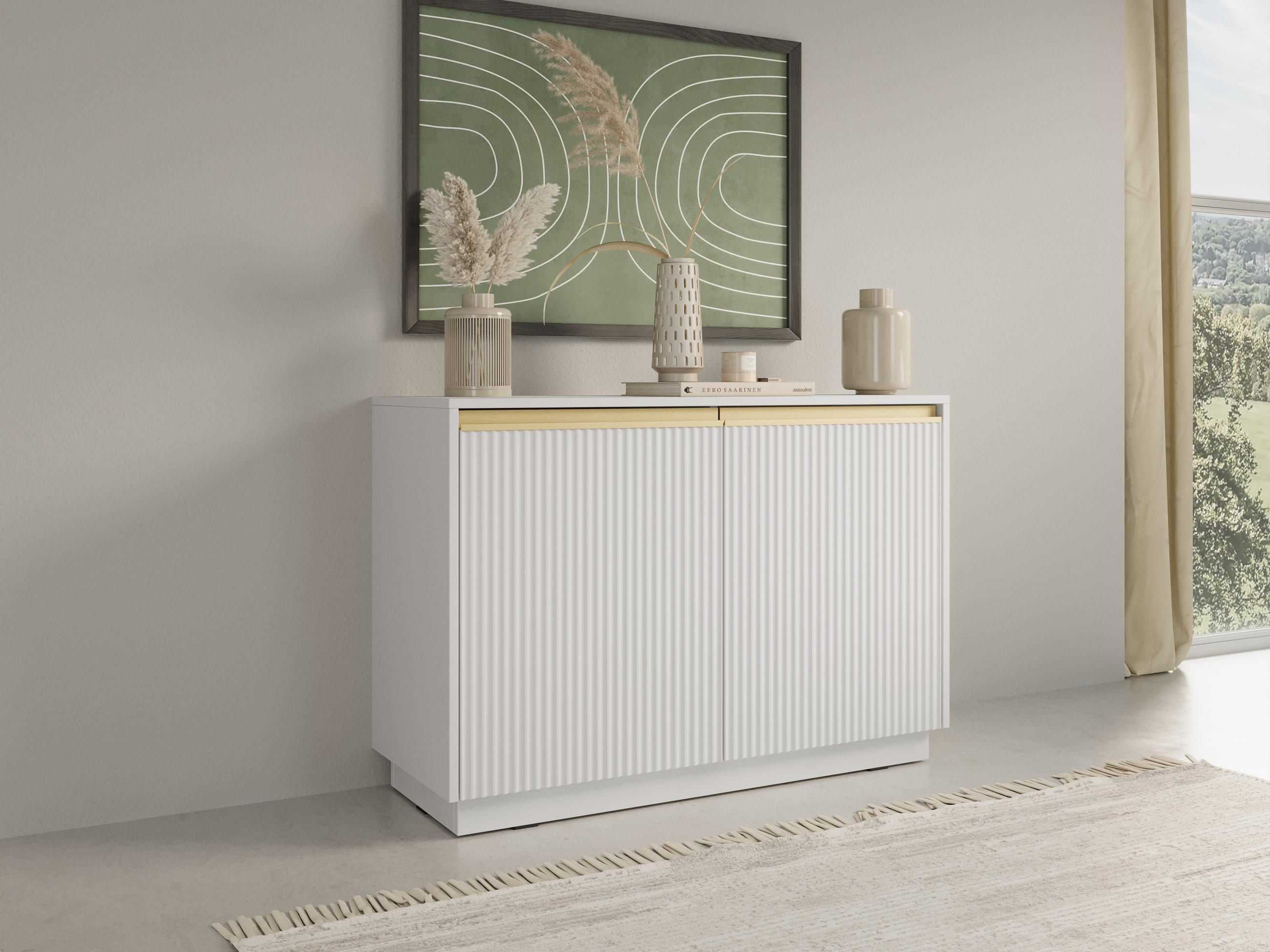 KOMMODE Loren 104 cm mit zwei Türen und geriffelten Fronten in Weiß - Goldfarben/Weiß, Holzwerkstoff/Metall (104/72/39cm) - Ravio