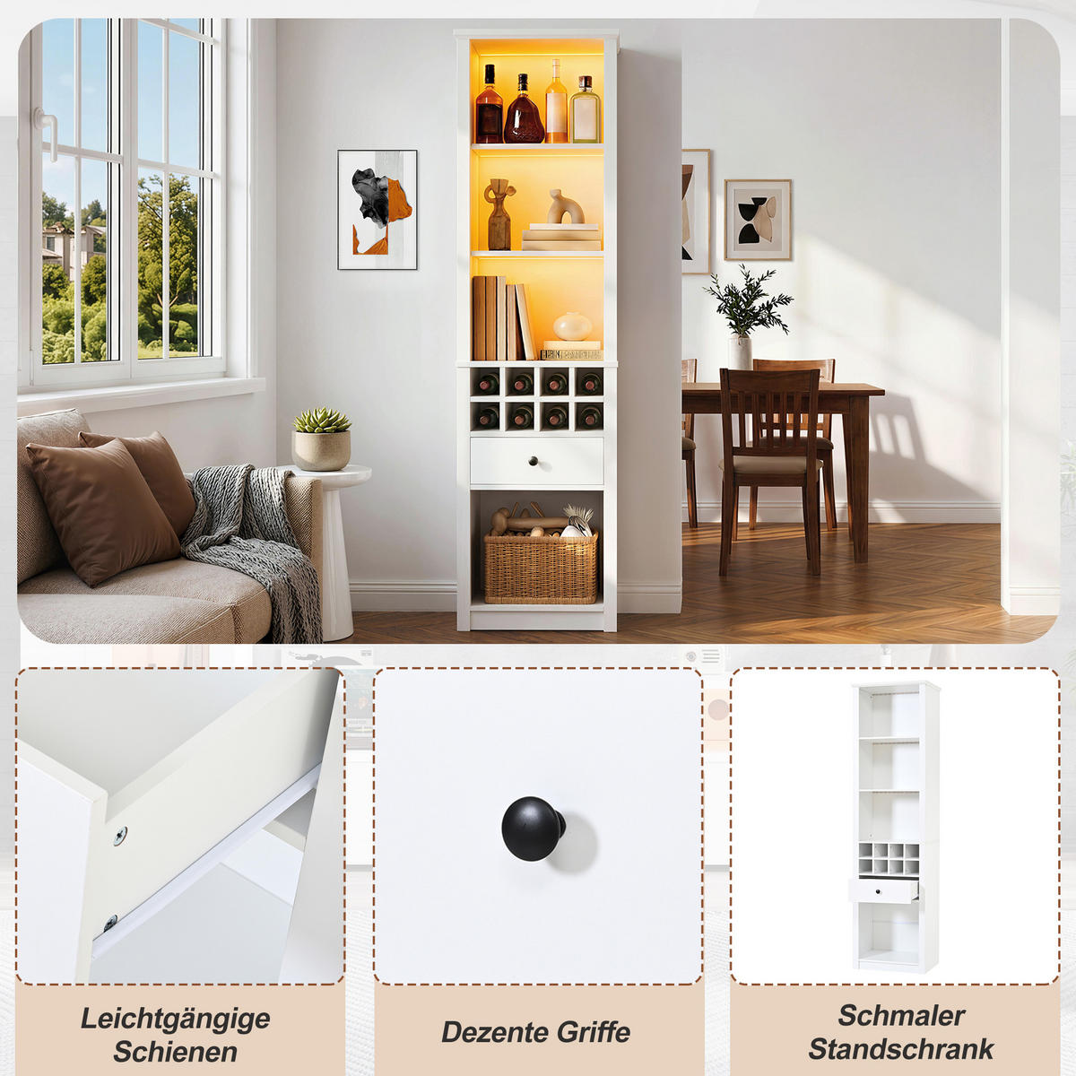 VITRINE 55x40x200 cm Weiß mit LED und 12 Fächern - Weiß, Holzwerkstoff (55/200/40cm) - FLIEKS