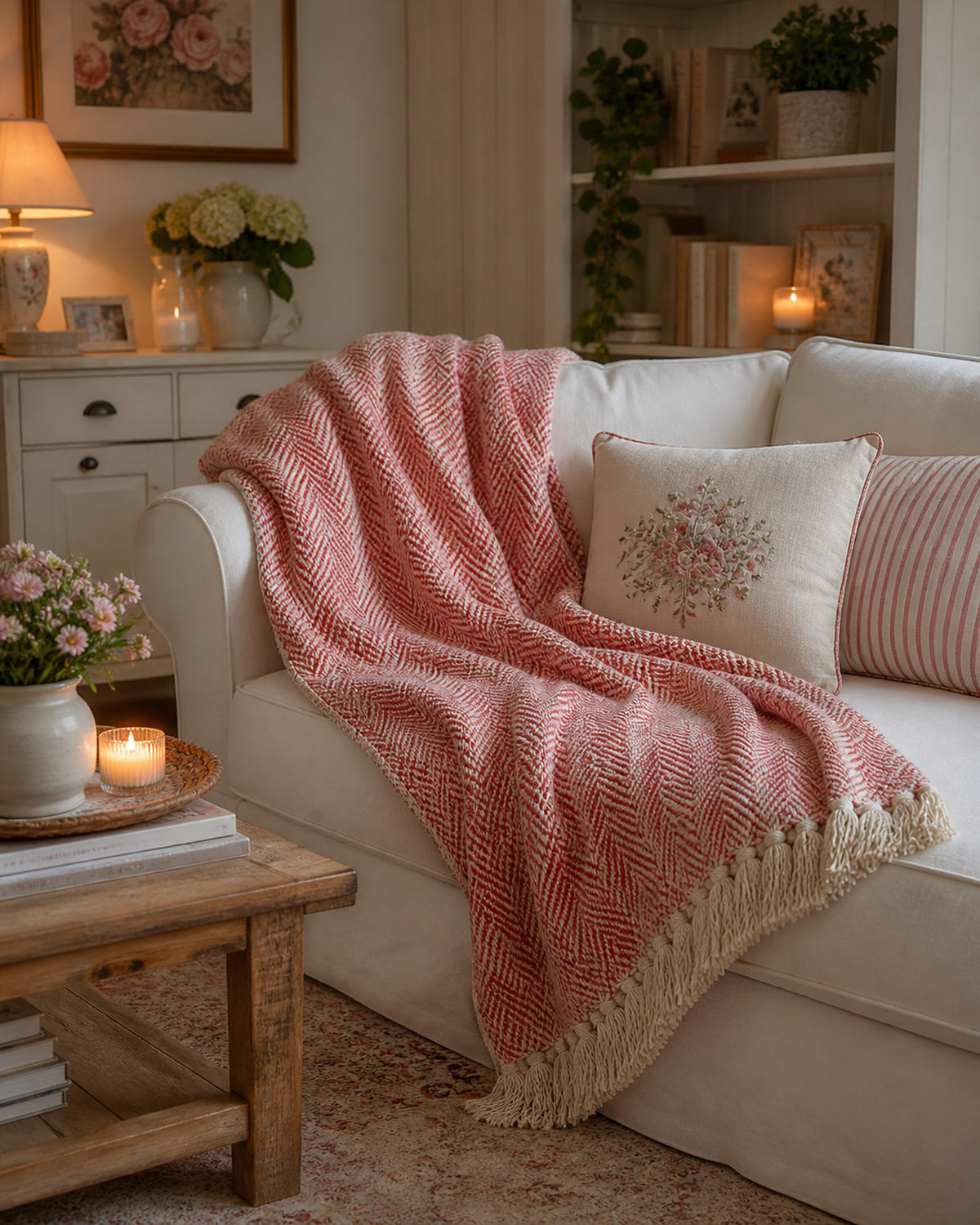 WOHNDECKE Baumwolle 130x180 cm mit Fransen – Zeitloses Design & weich - Rosa, Naturmaterialien (130/180cm) - AU Maison