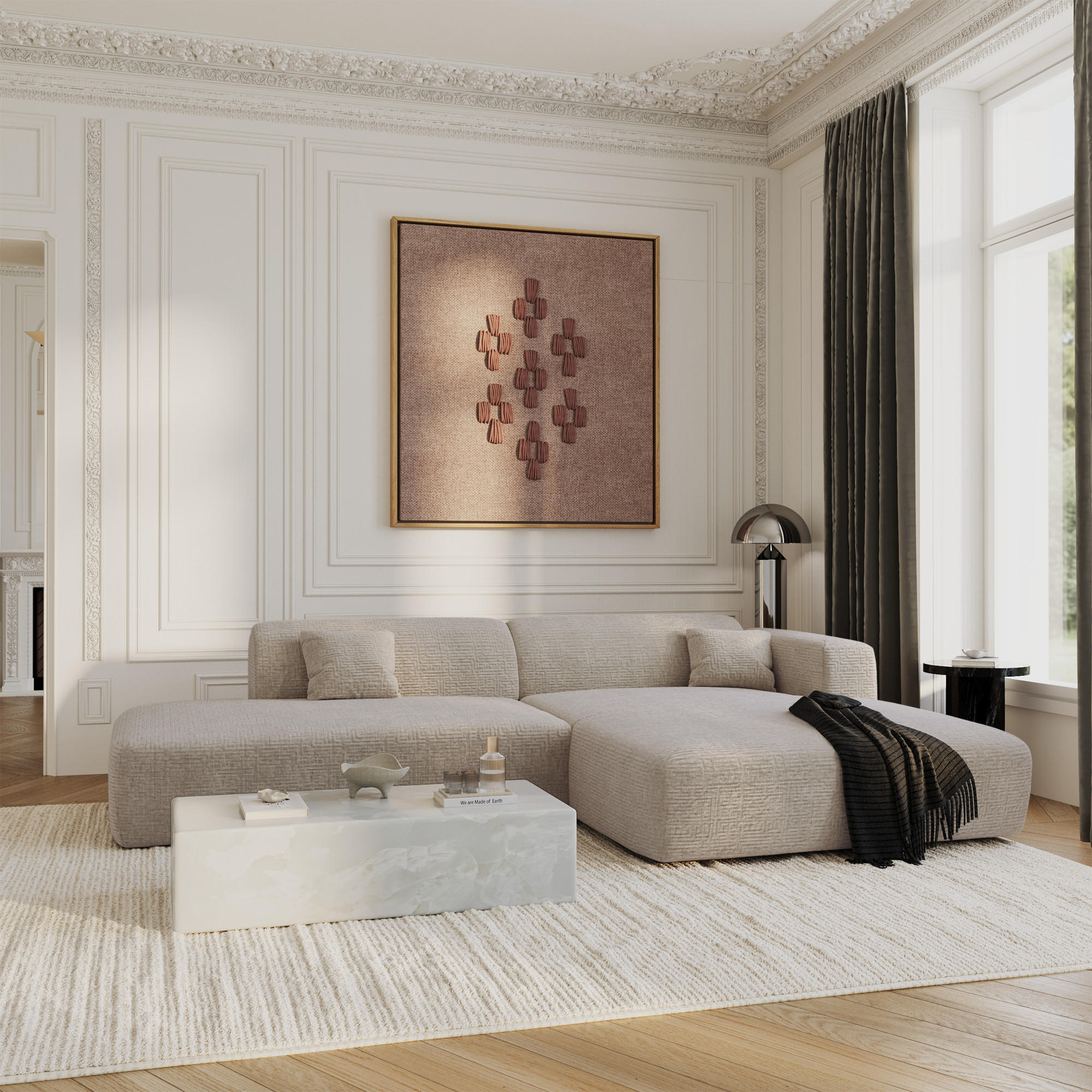 ECKSOFA RECHTS Gemusterter Samt Beige 310cm - Beige, Textil (300/96cm) - Sia Home