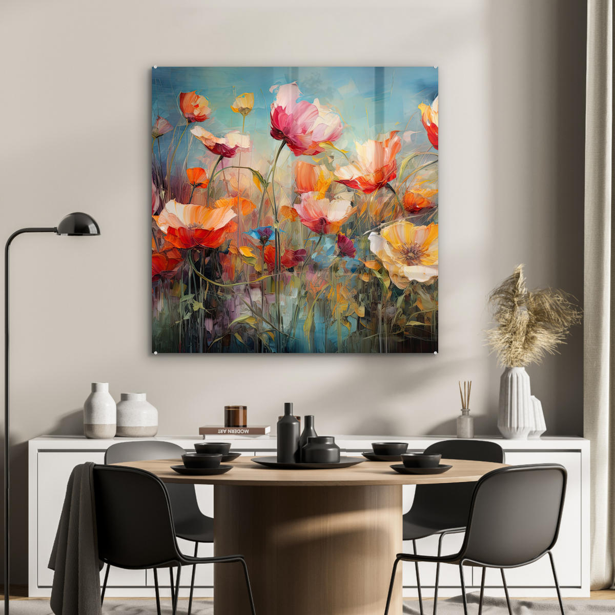 ACRYLGLASBILD Blumen - Aquarell - Kunst - Botanisch - Natur 90x90 cm - Orange, Glas (90/90cm) - MuchoWow