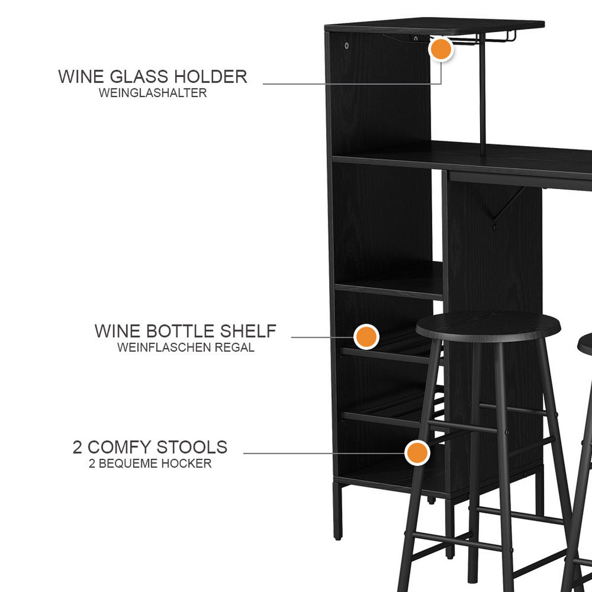BARTISCH-SET Naila Schwarz 121.5 x 40 cm mit 2 Hocker - Schwarz, Holzwerkstoff (121.5/120/40cm) - Vicco